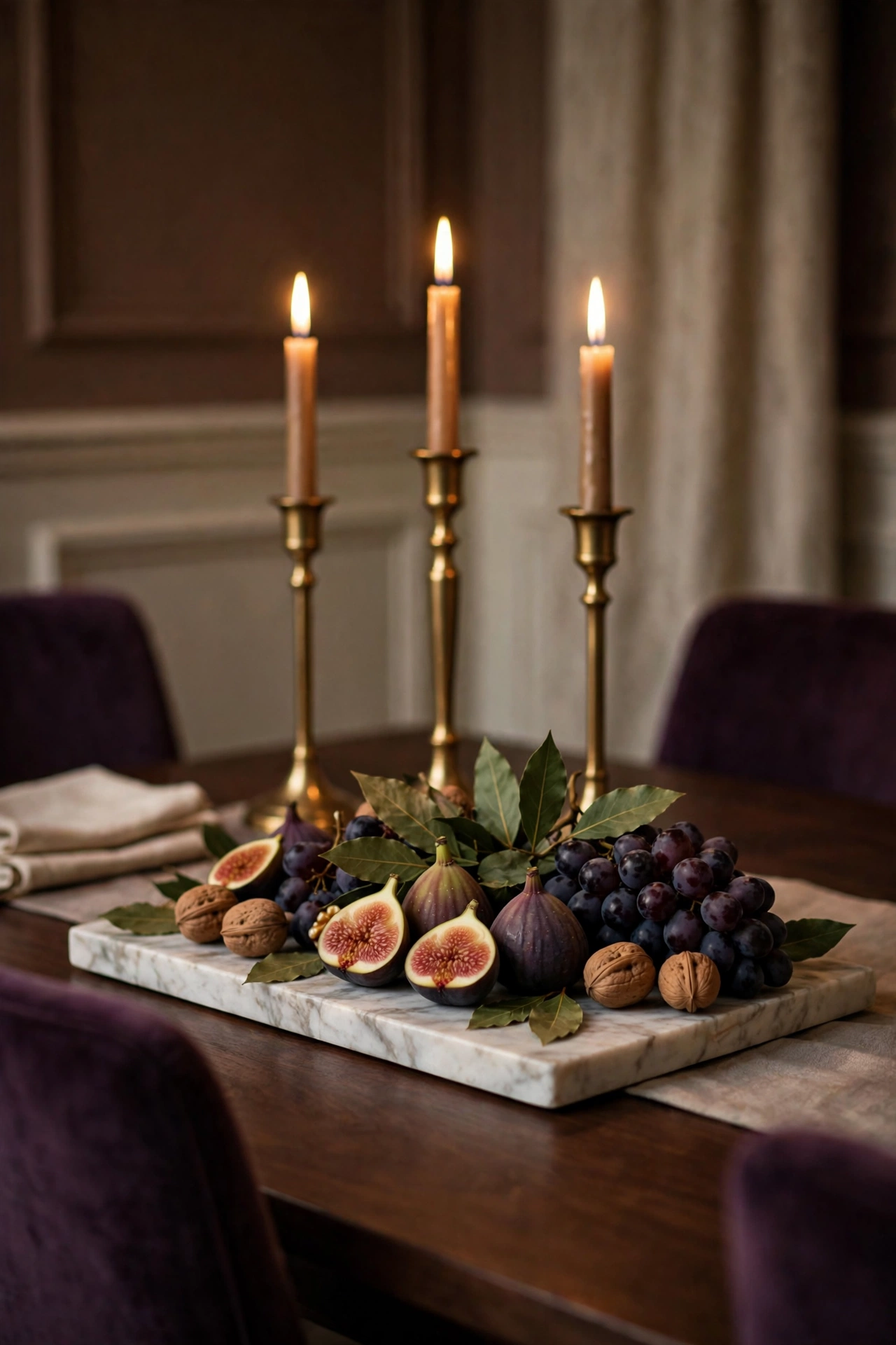 Elegant dining room with a white marble table and a low brass tray of figs, grapes, and walnuts as the Thanksgiving centerpiece.
