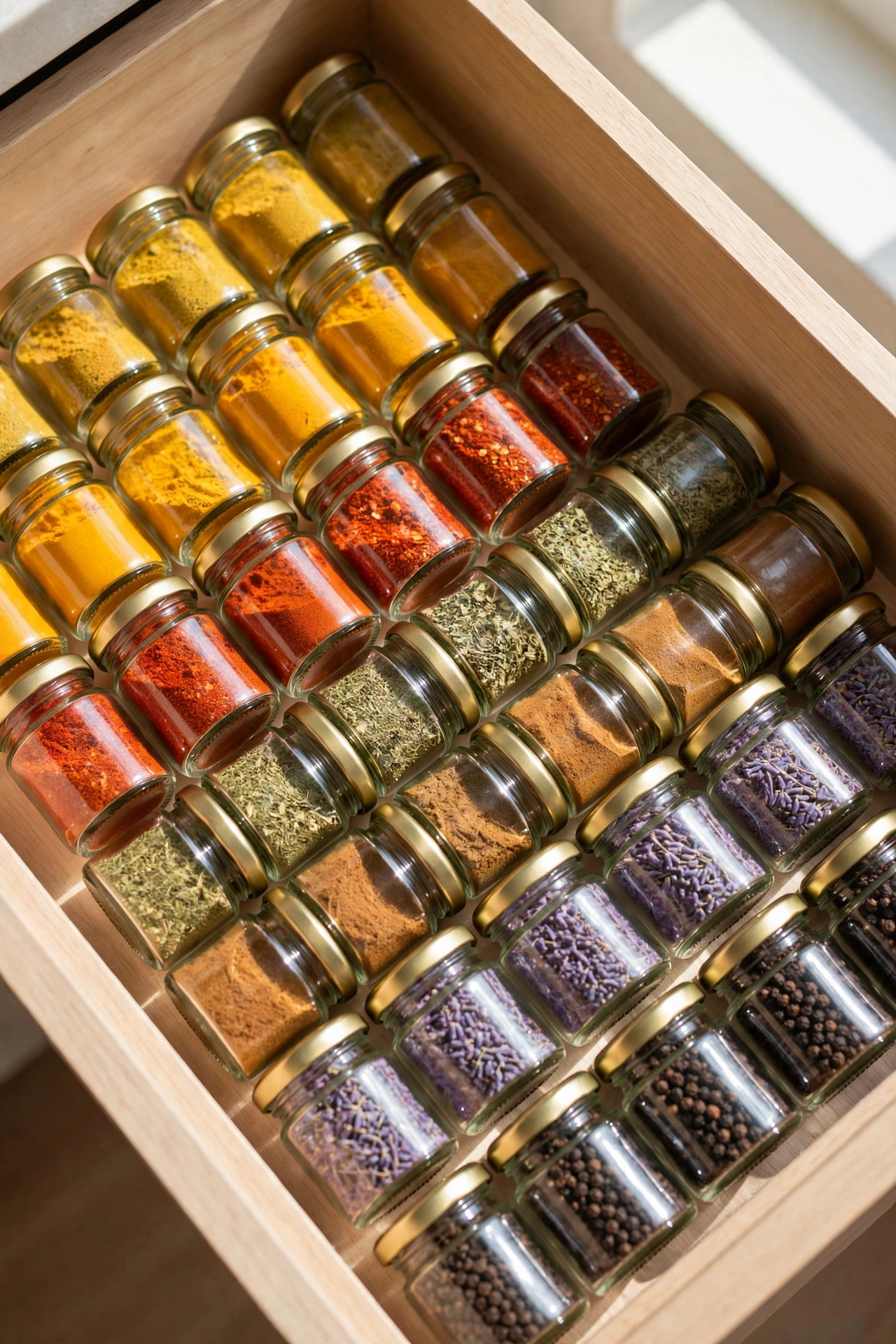 Pantry spice shelf with matching square glass jars and printed spice labels