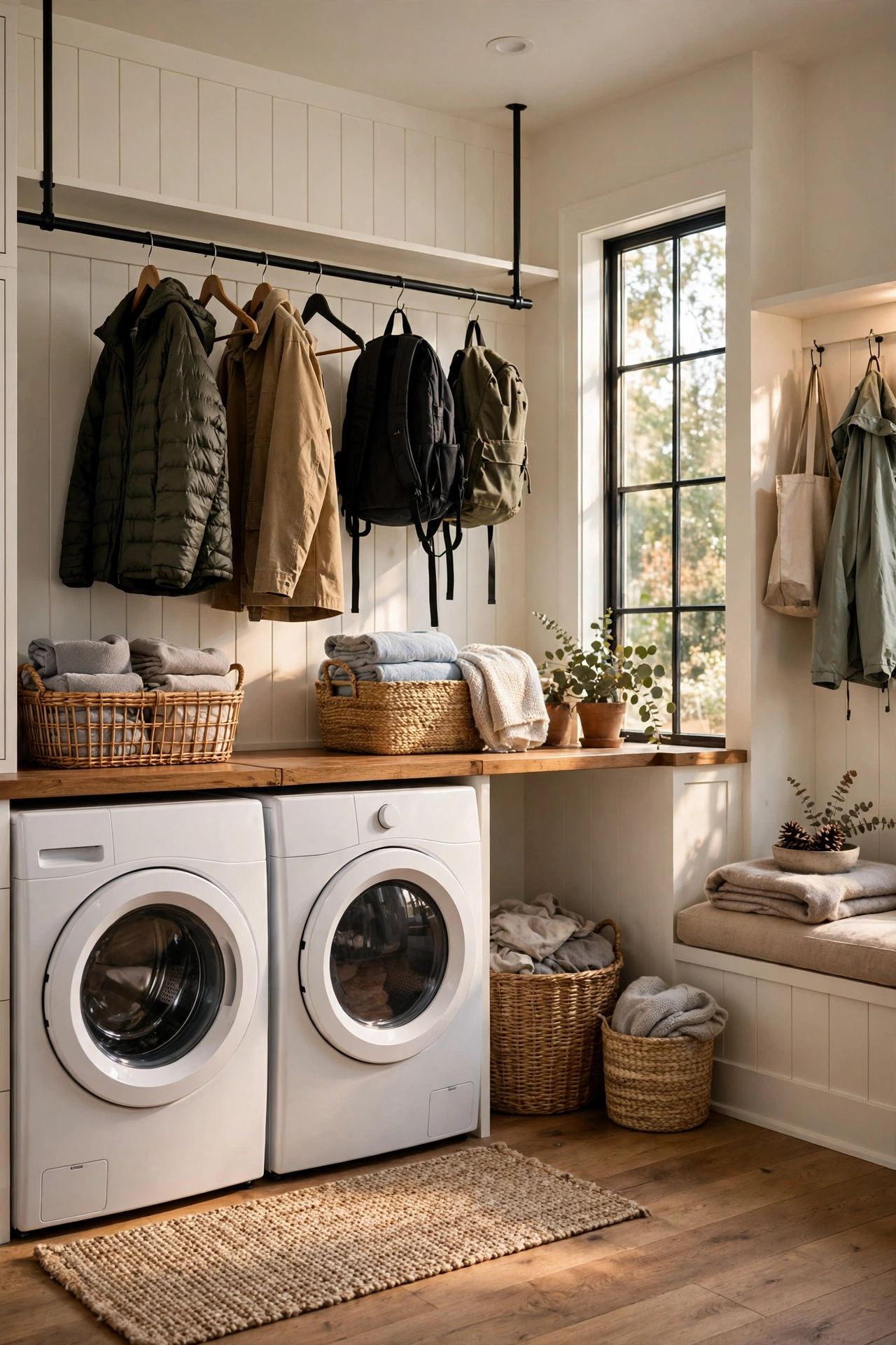 Combined laundry room and mudroom with a counter folding station and hanging rod