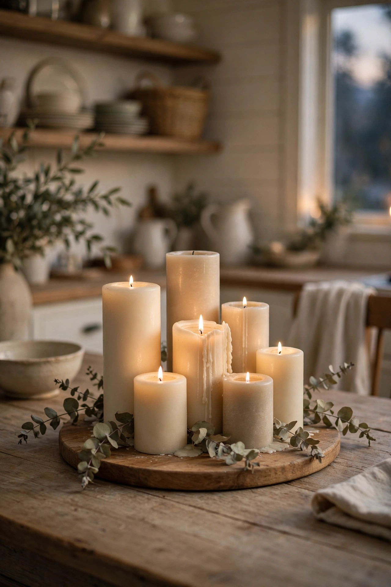 Warm kitchen dining space with a cluster of cream pillar candles on a round wood board at the table center.