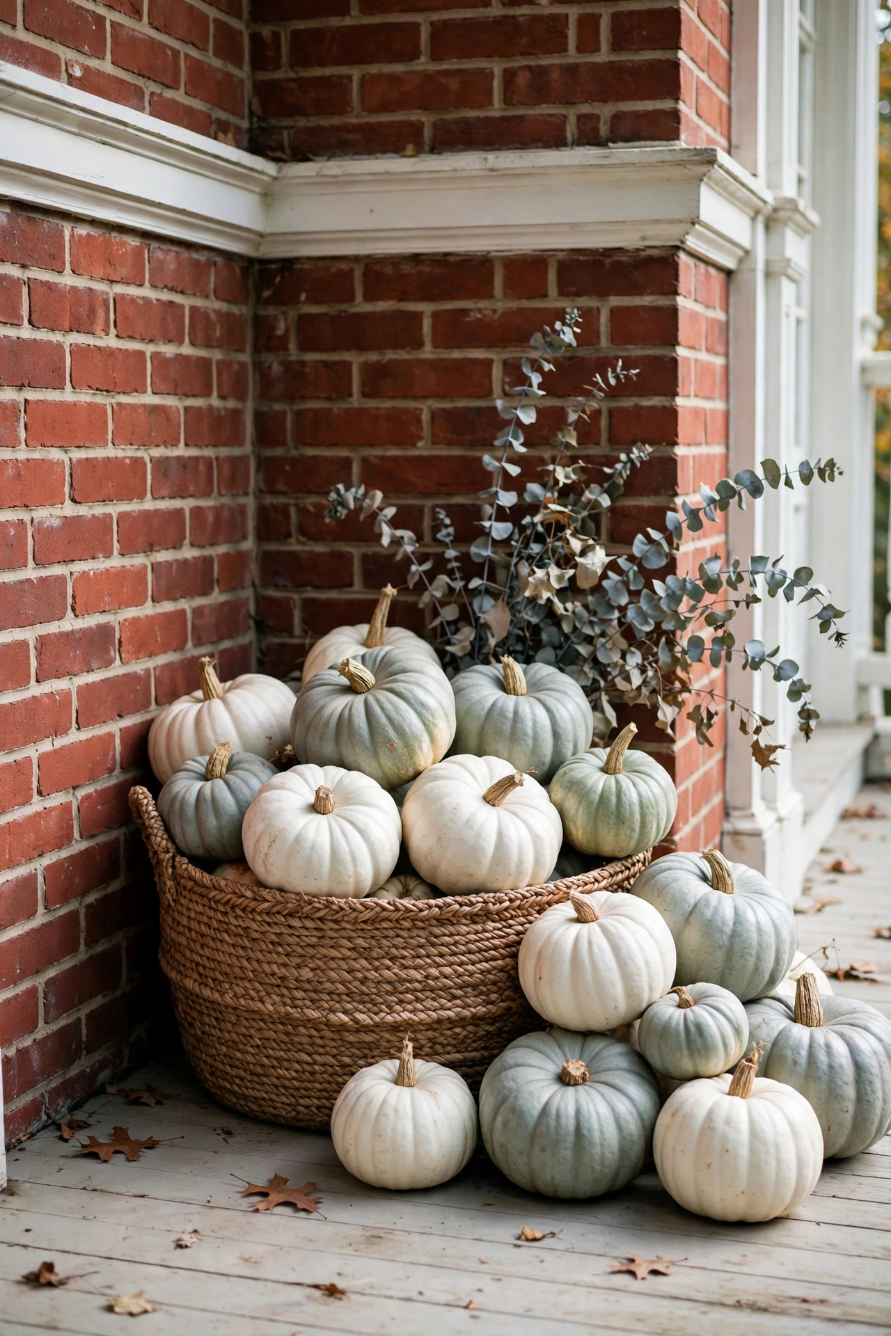 Large seagrass basket overflowing with heirloom pumpkins in white, pale green and dusty blue grey on a brick porch.