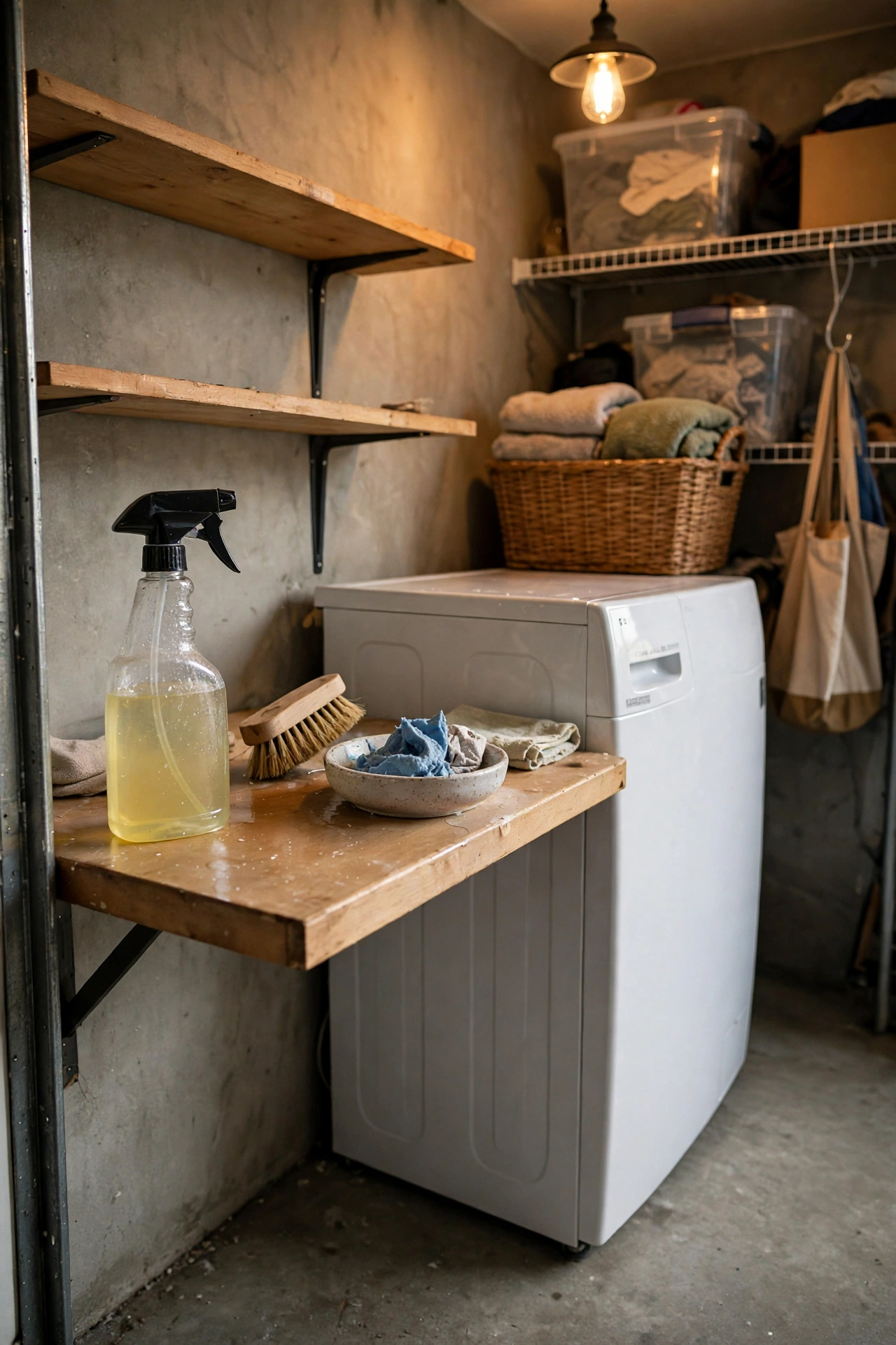Stain treatment station with spray bottles, a scrub brush, and a folded white cloth on a wooden tray