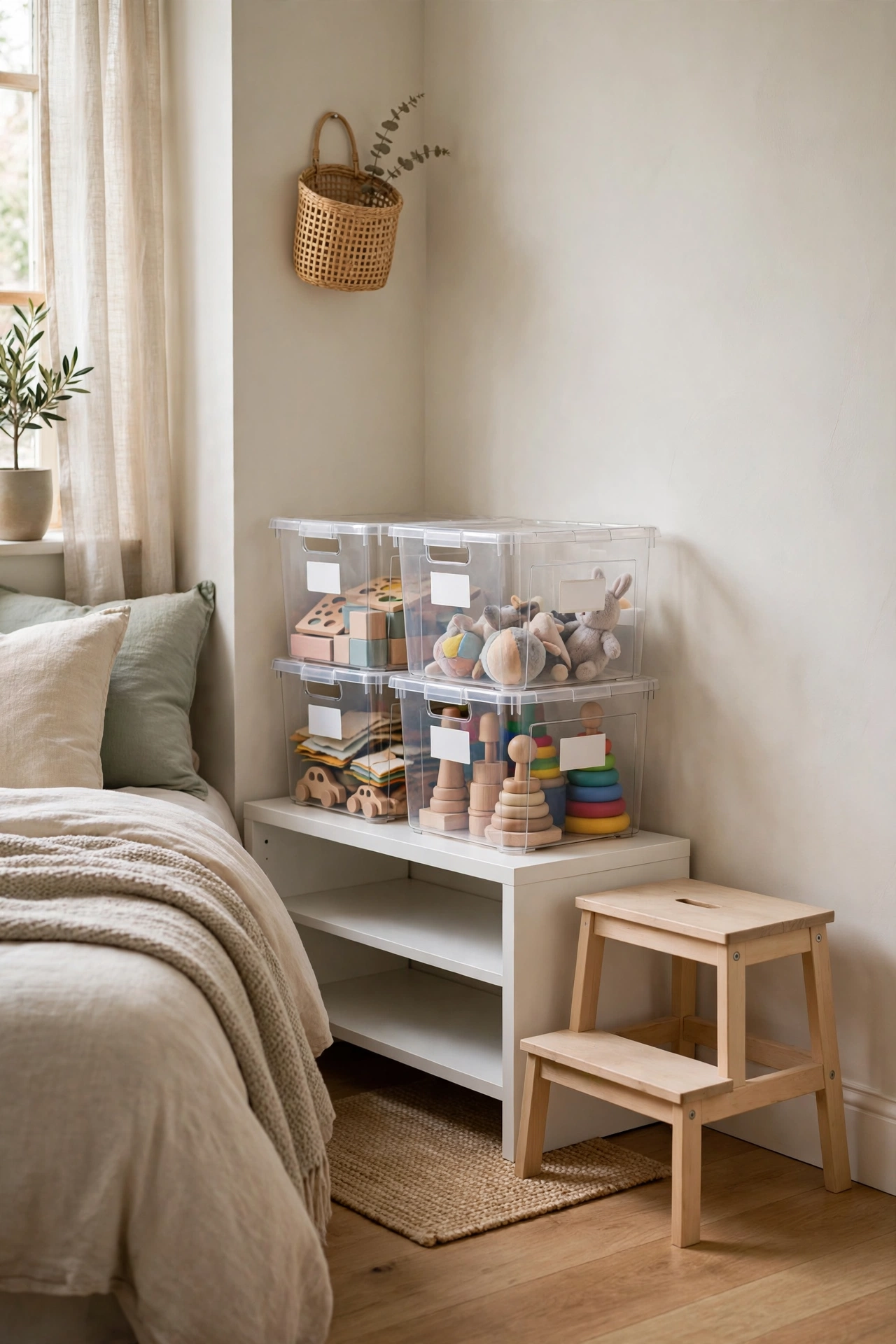 Guest bedroom corner with a toy rotation station of stacked labeled bins on a low shelf.