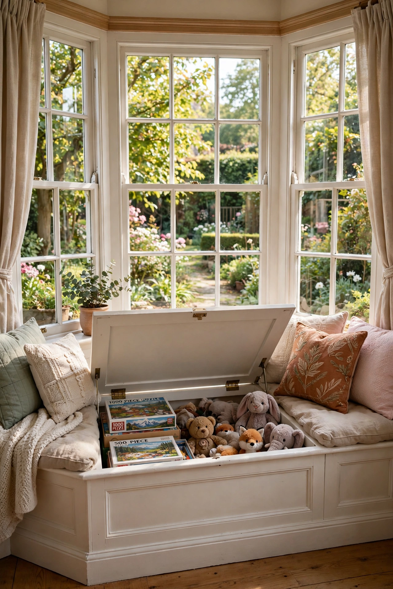 Bay window with a built-in window seat with the hinged top open revealing puzzles and stuffed animals stored inside.