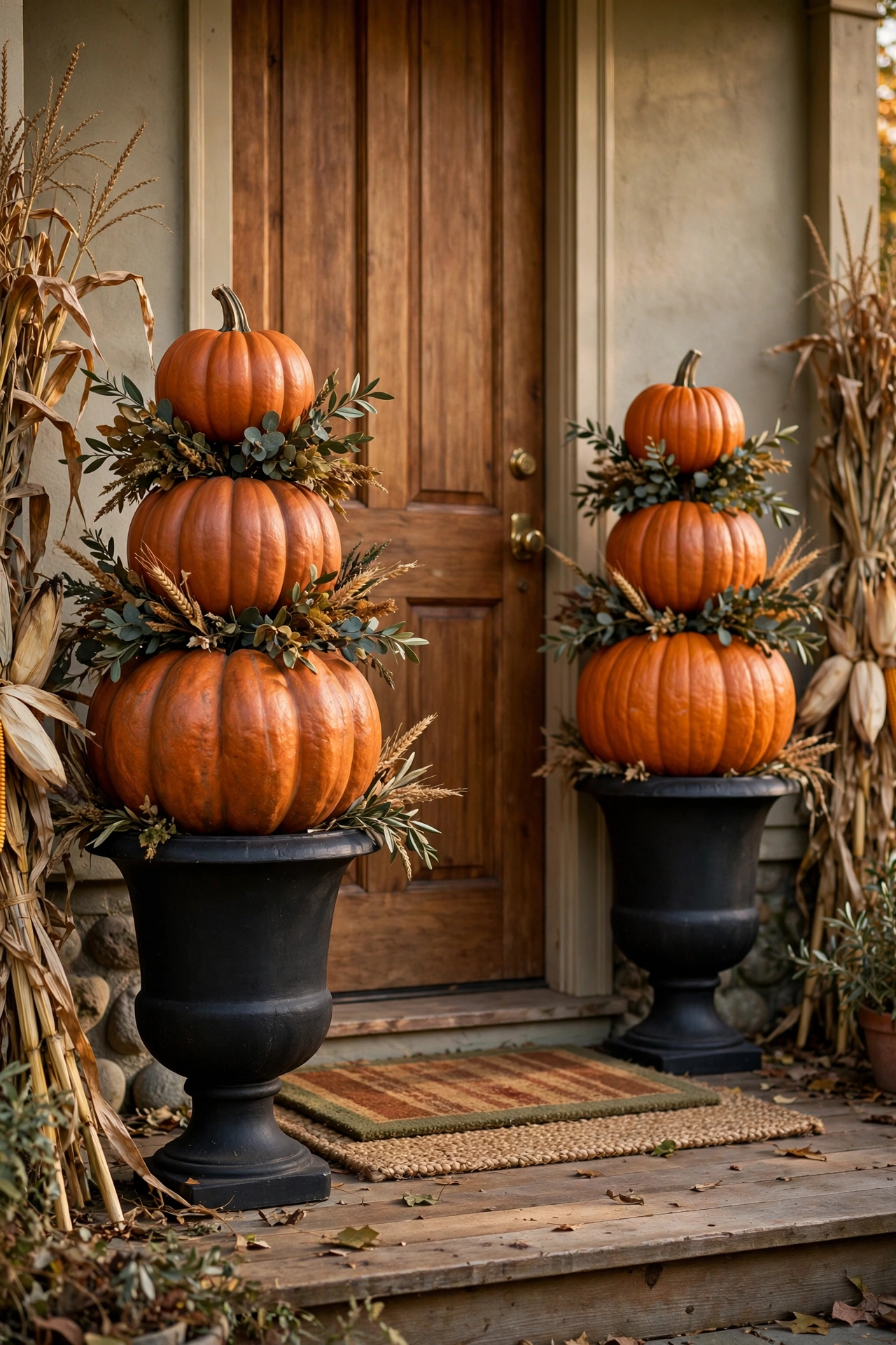 Stacked pumpkin topiaries flanking a wooden front door