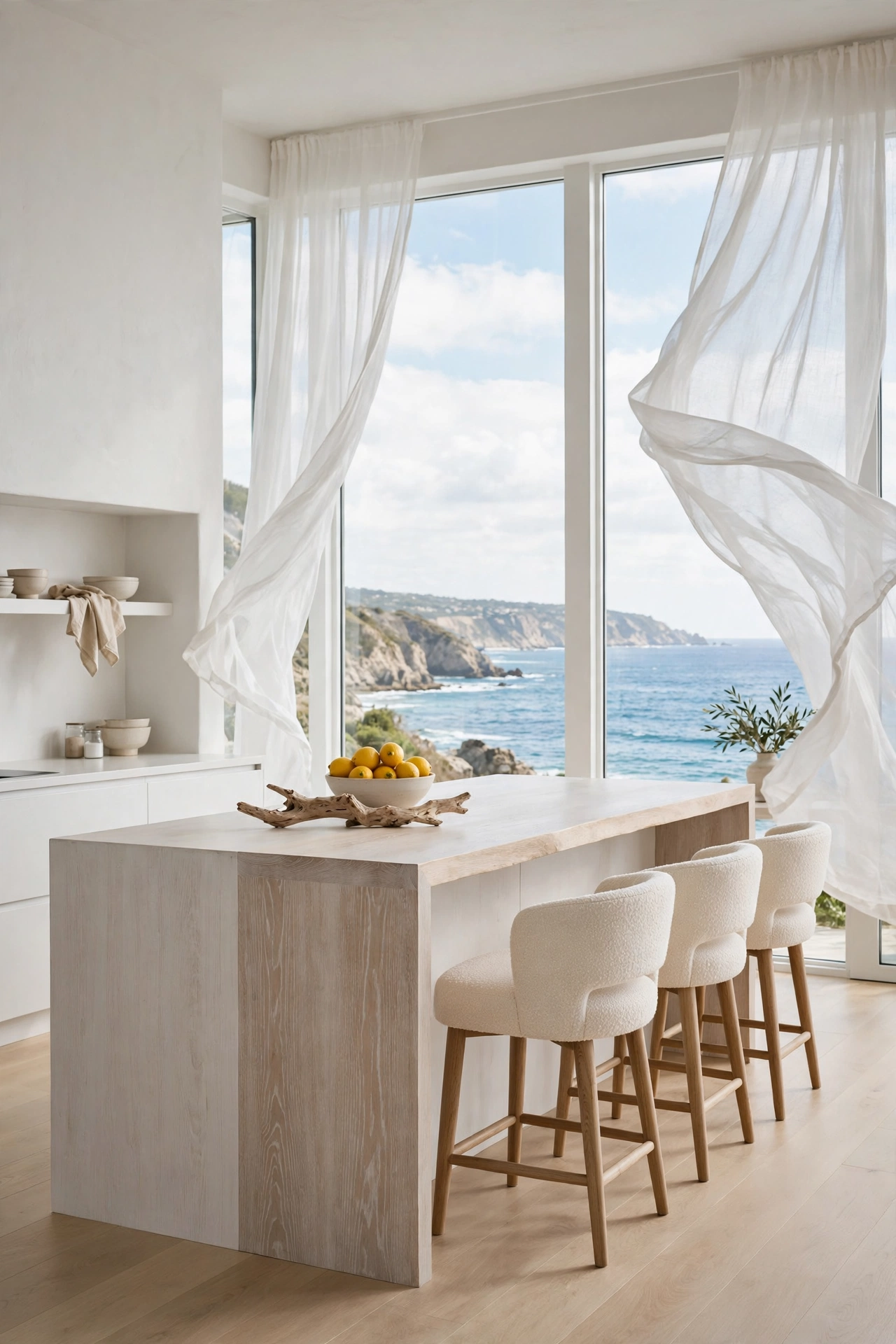 Modern coastal kitchen with floor to ceiling ocean view windows and billowing sheer white curtains.