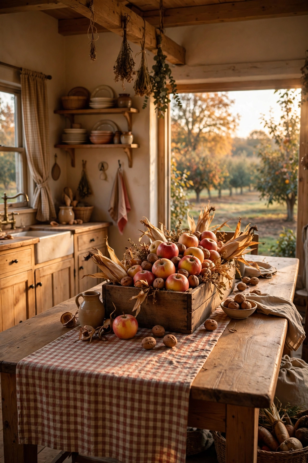 Rustic cabin dining room with a pine trestle table and a low wooden crate of apples and walnuts in the shell as the Thanksgiving centerpiece.