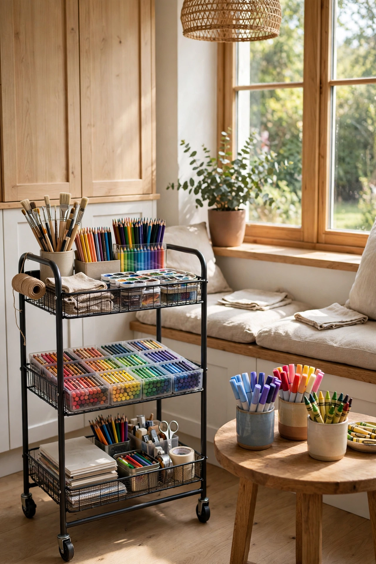 Kitchen nook with a three-tier rolling cart of sorted art supplies beside a small table.