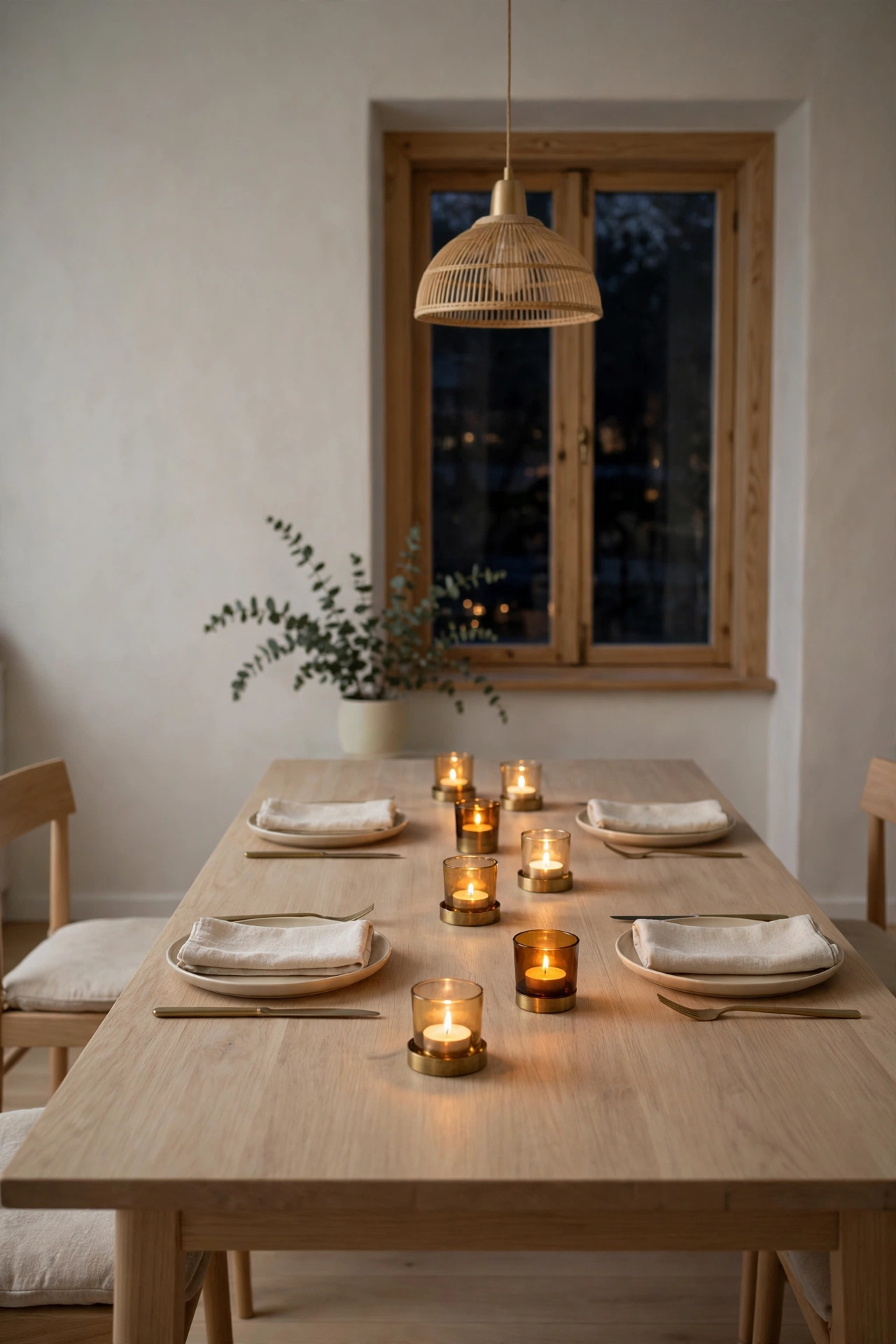 Minimalist Scandinavian dining room with small brass and amber glass votives scattered along the table.