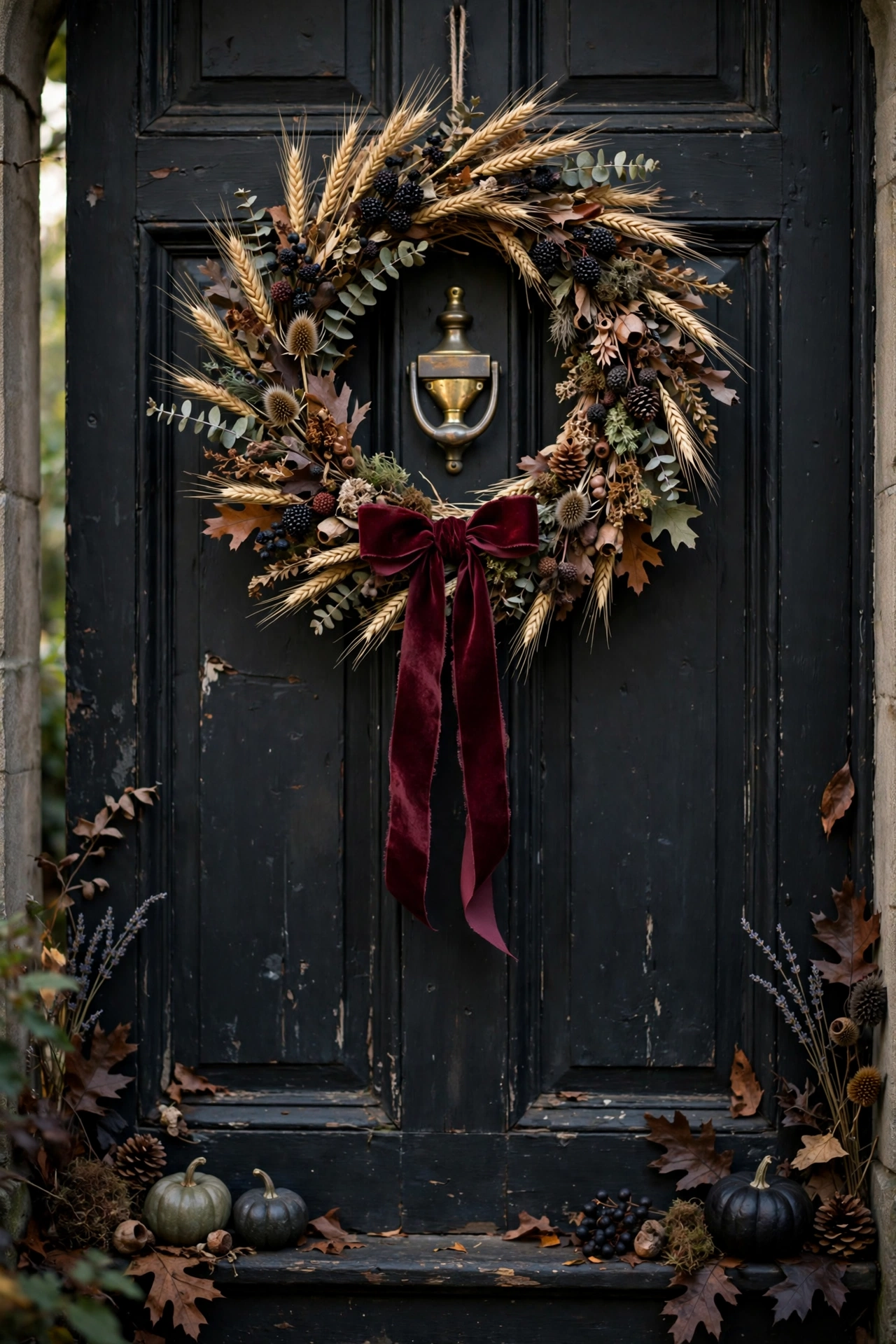 Dried wheat and dark berry wreath with a burgundy velvet bow on a front door.