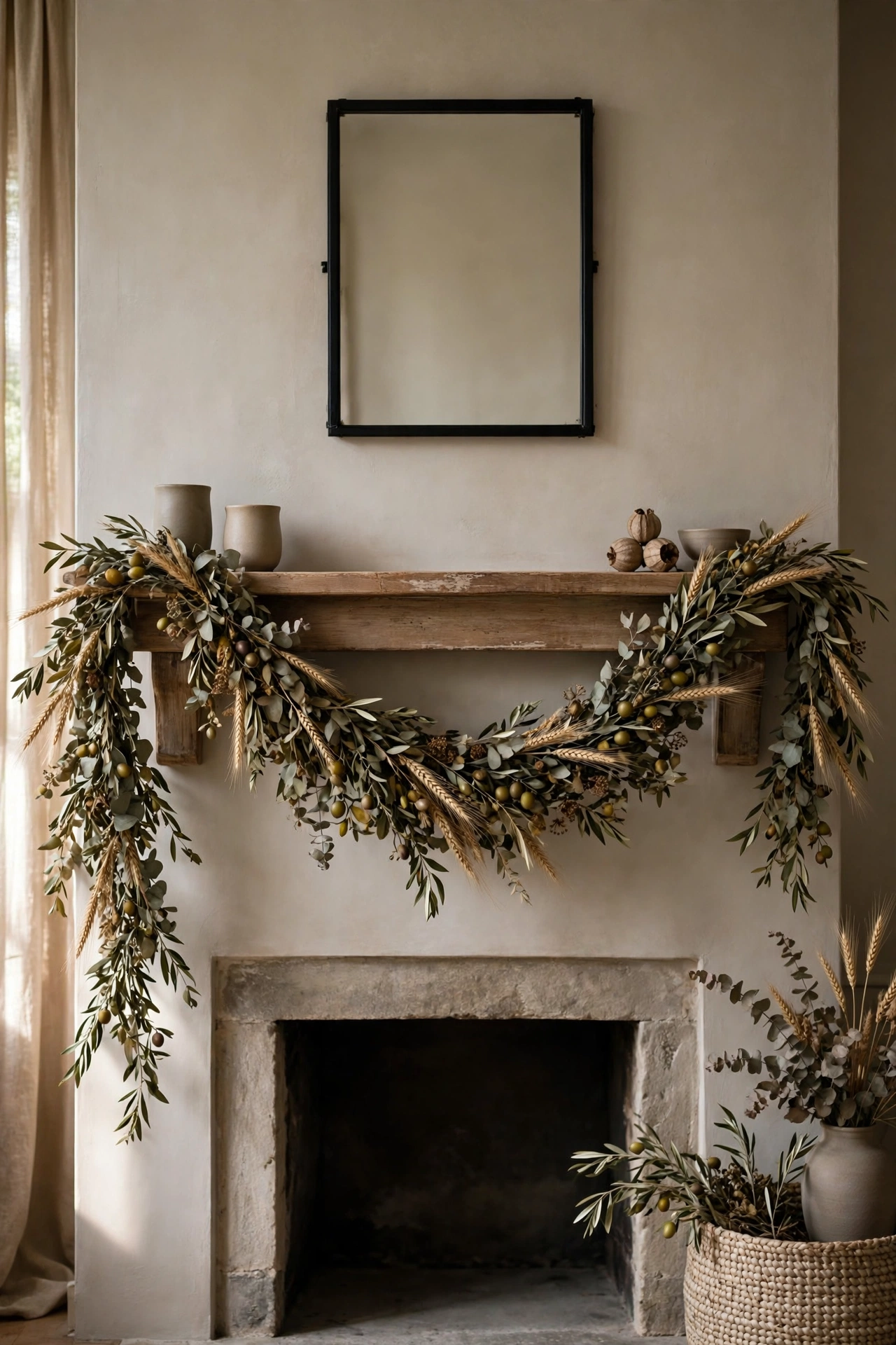 Dried eucalyptus and grass garland draped across a fall mantel and spilling over the ends.