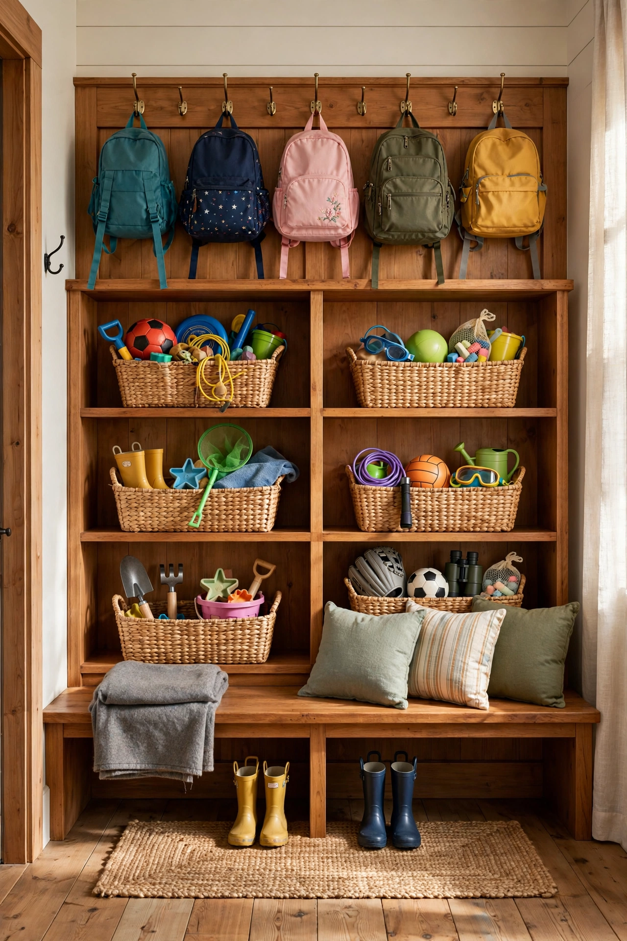 Mudroom entryway with wooden cubby lockers, each cubby holding a labeled basket of outdoor toys and backpacks on hooks above.