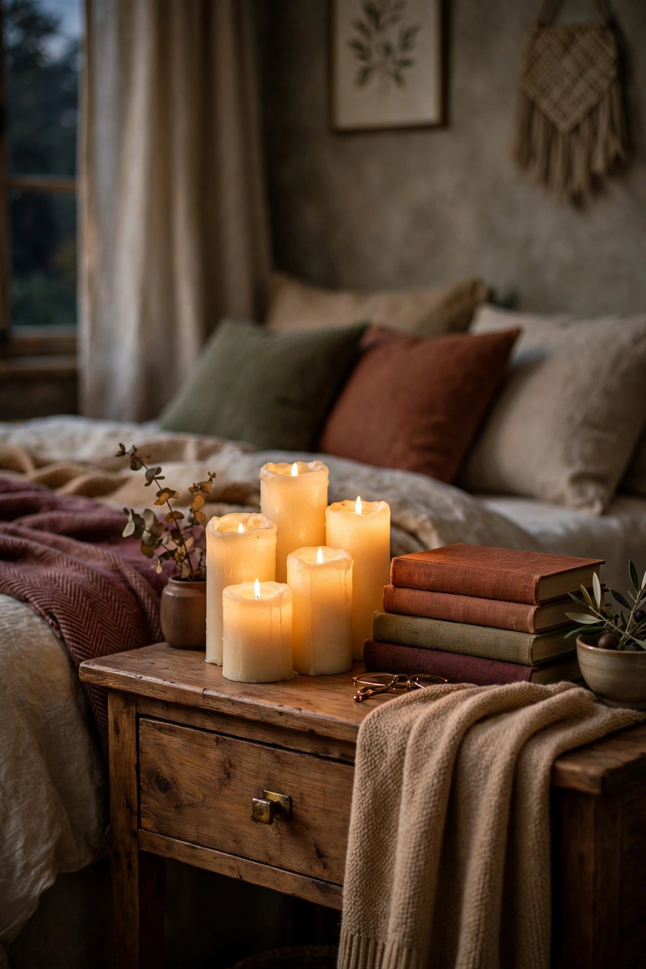 Cluster of glowing flameless pillar candles on a nightstand beside a small stack of books.