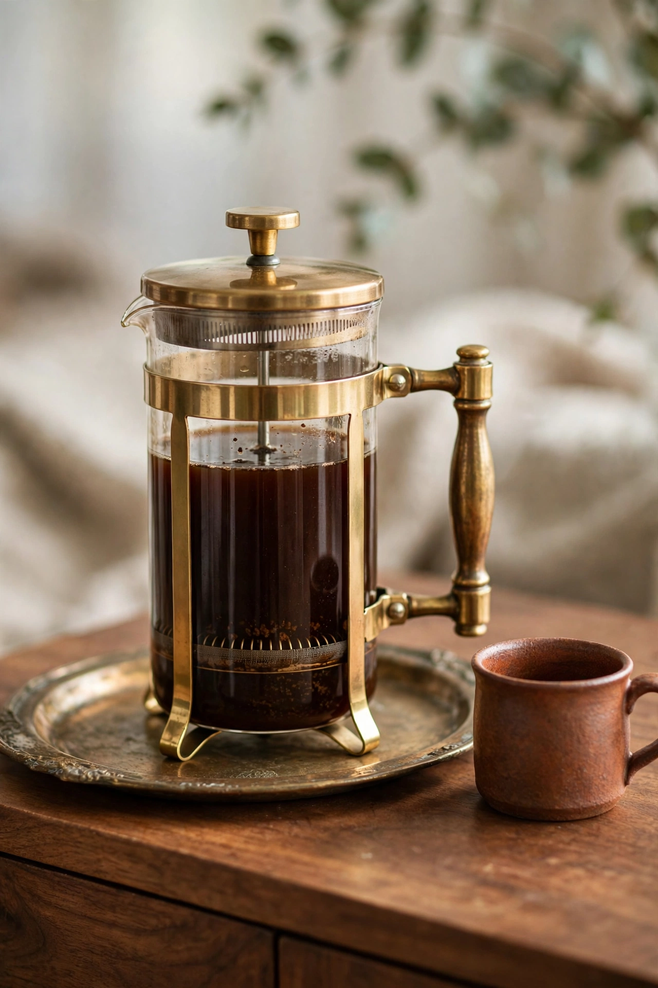 Glass French press with brass trim on a warm wood coffee bar tray.