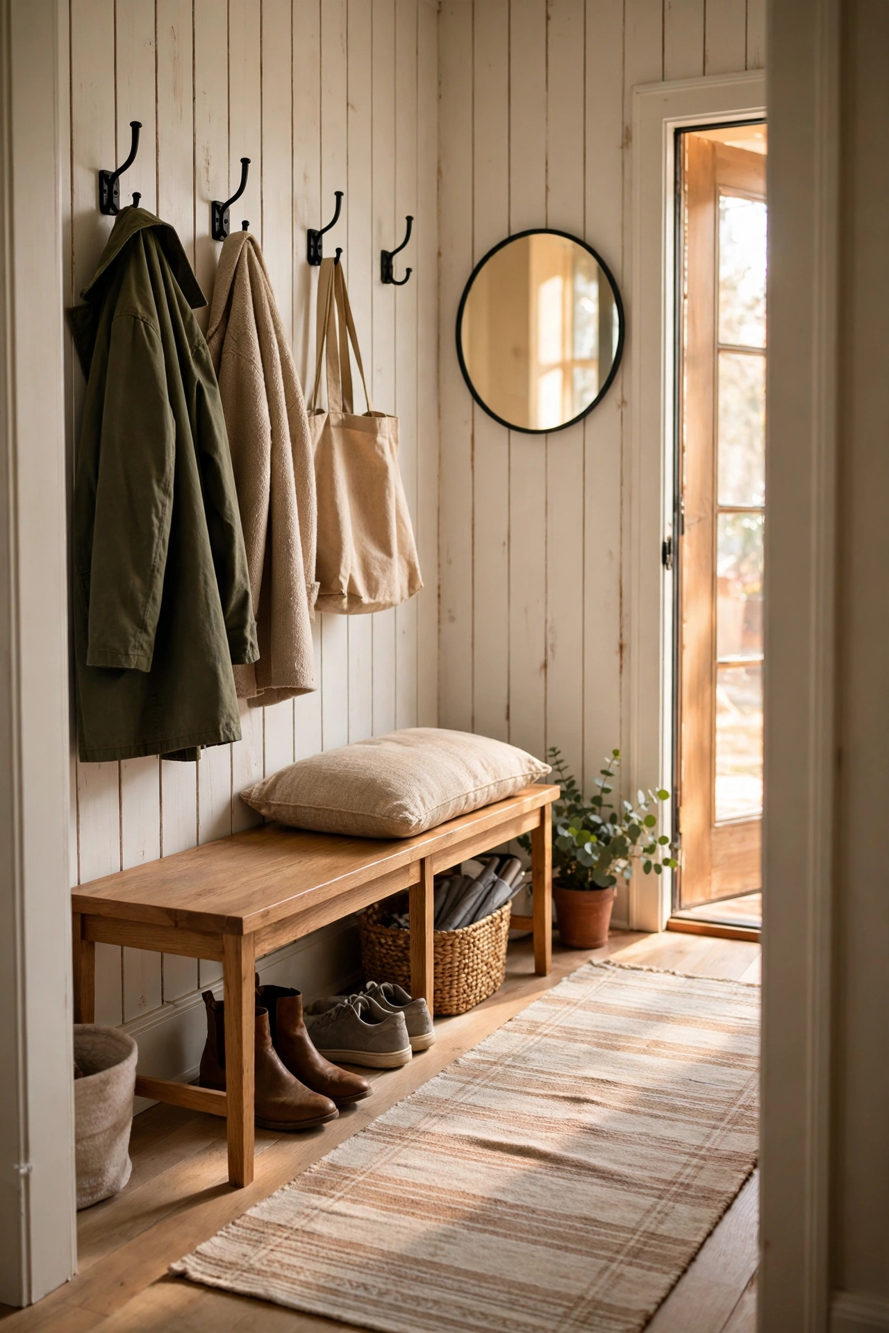 Narrow hallway converted to a mudroom nook with a slim bench and wall hooks