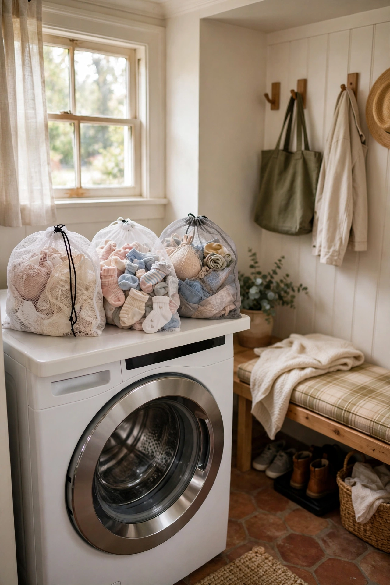 Assorted mesh laundry bags in cream and white holding delicates and socks beside the washer