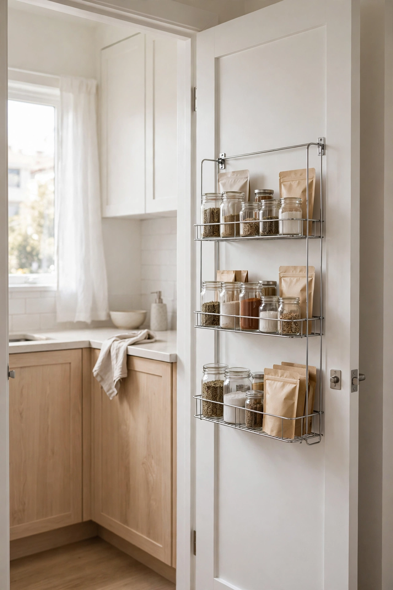 Inside of a pantry door with an over door rack of adjustable baskets holding small items