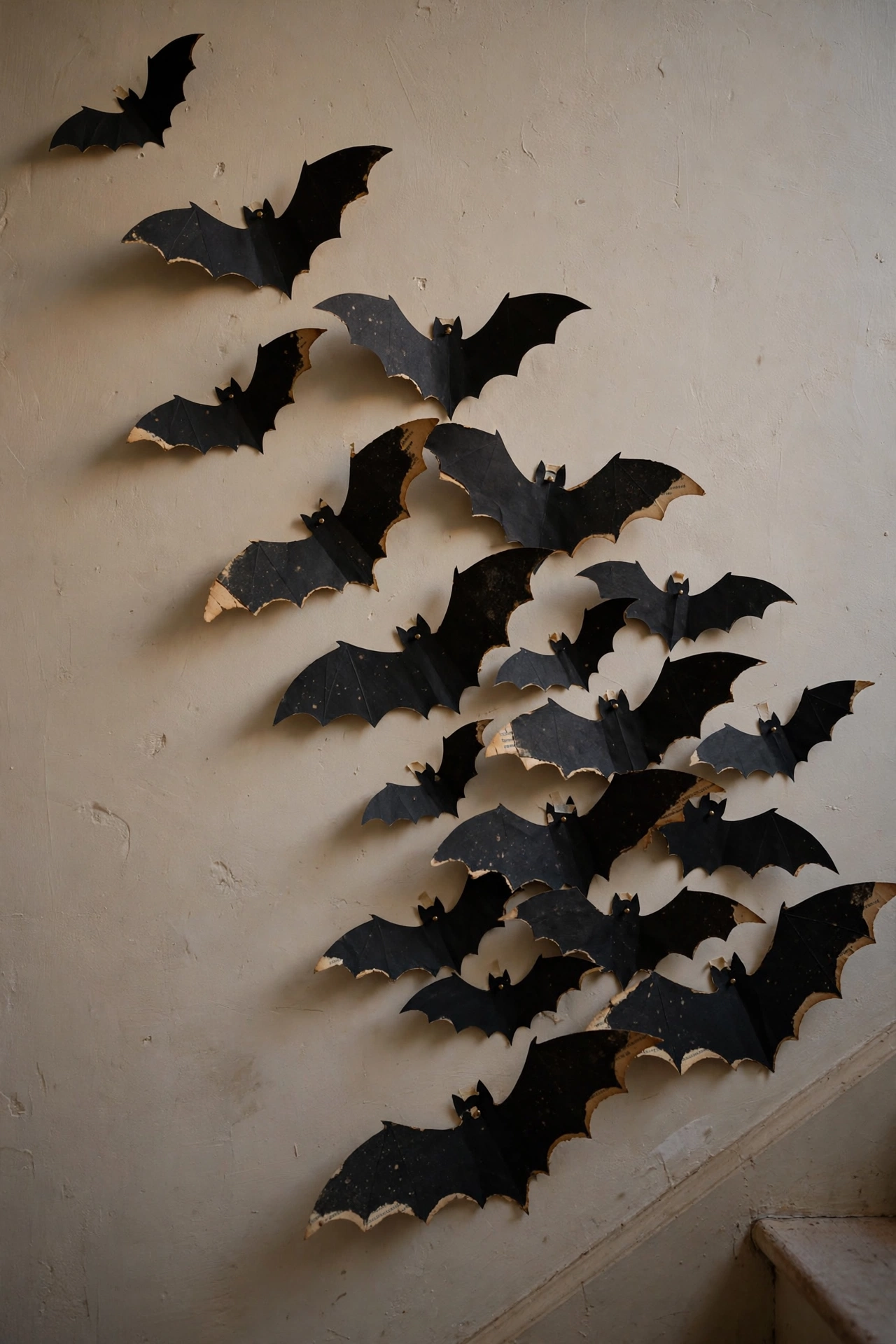 Black paper bats cut from old book pages flying across a plaster wall above a fireplace.
