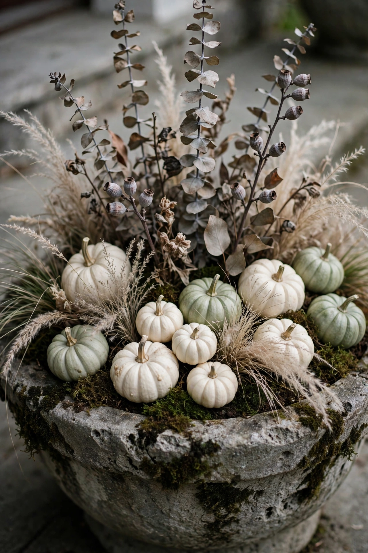 Stone porch planter filled with white and pale green mini pumpkins tucked among dried eucalyptus stems.