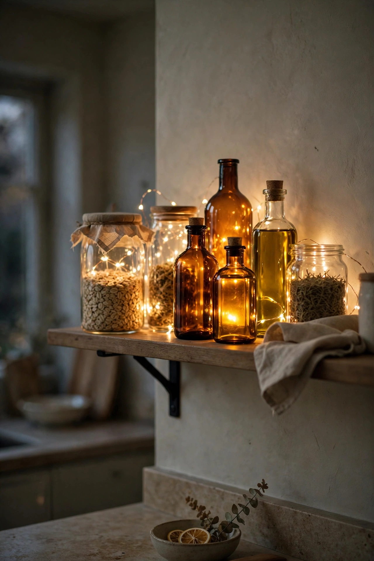 Warm white fairy lights glowing behind glass jars on an open kitchen shelf.