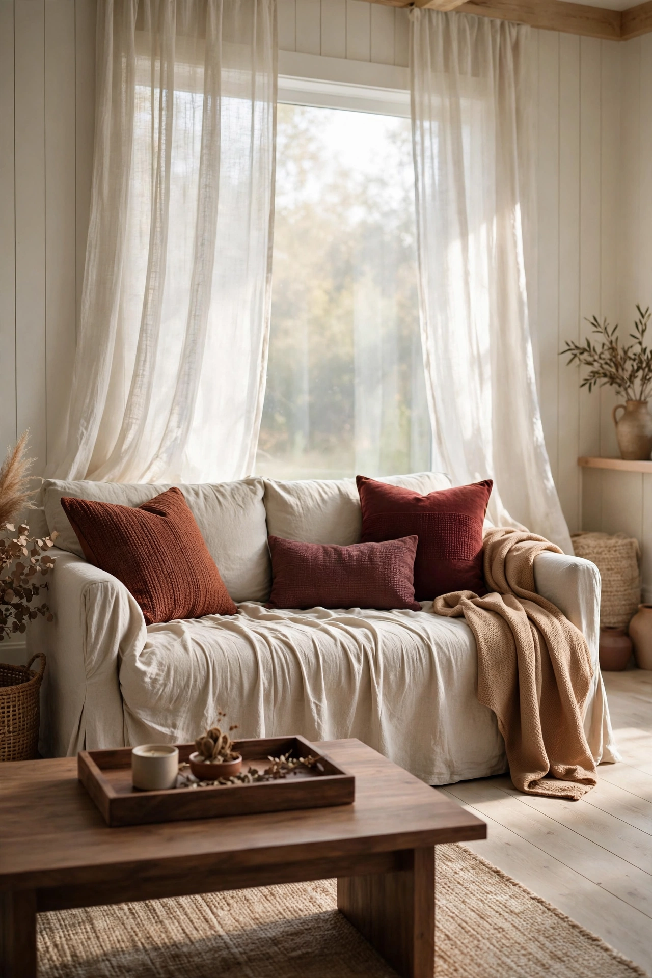 Oatmeal washed linen slipcovered sofa in an airy farmhouse living room with morning light.