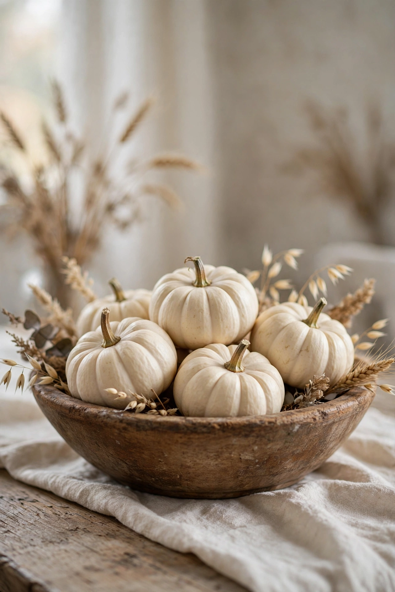 White baby boo pumpkins in a rustic dough bowl