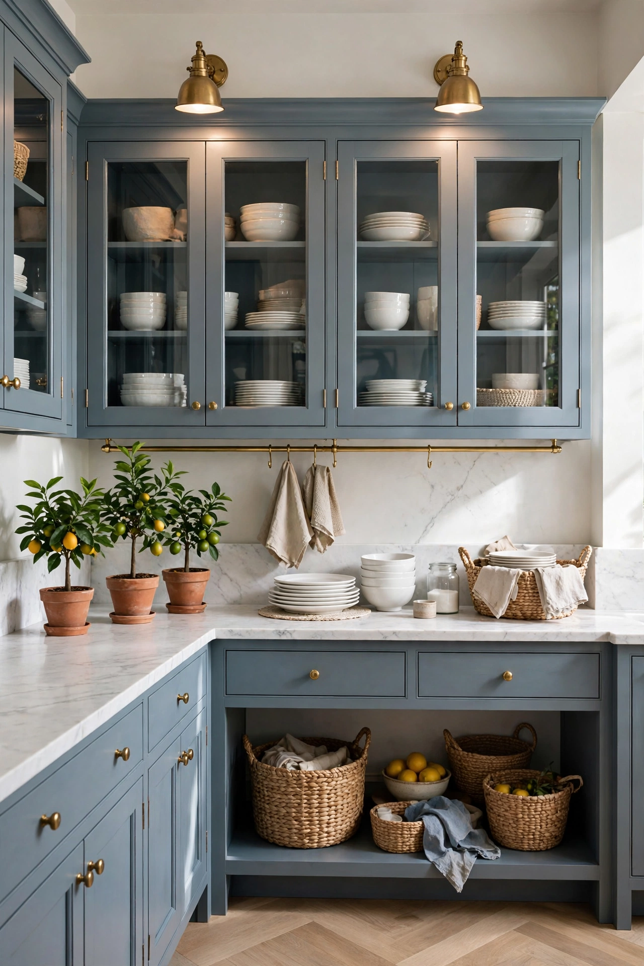Dusty blue butlers pantry with glass front cabinets, brass picture lights and potted citrus trees.