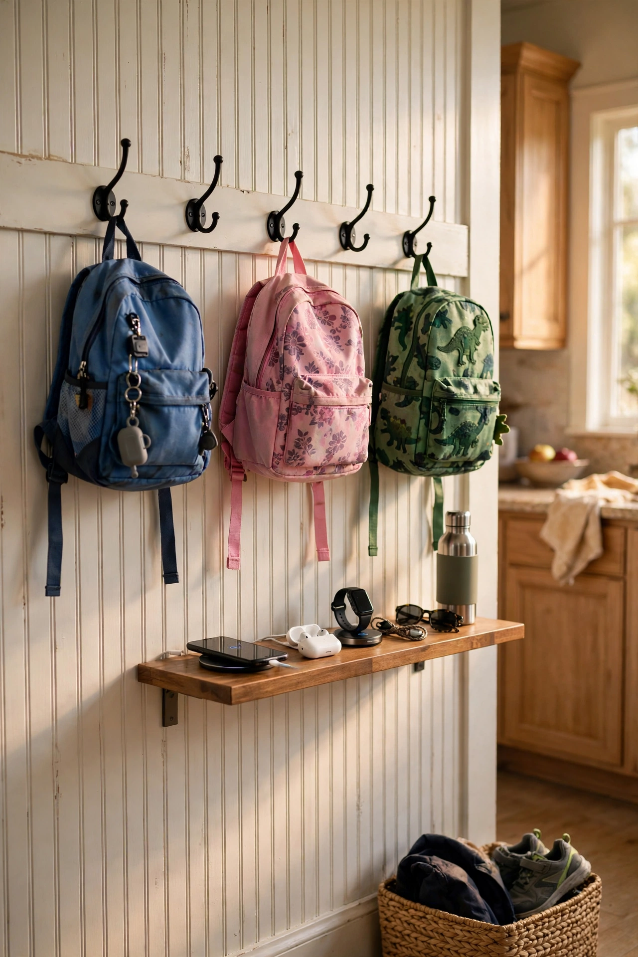 Kitchen adjacent drop zone with backpack hooks and a small charging shelf