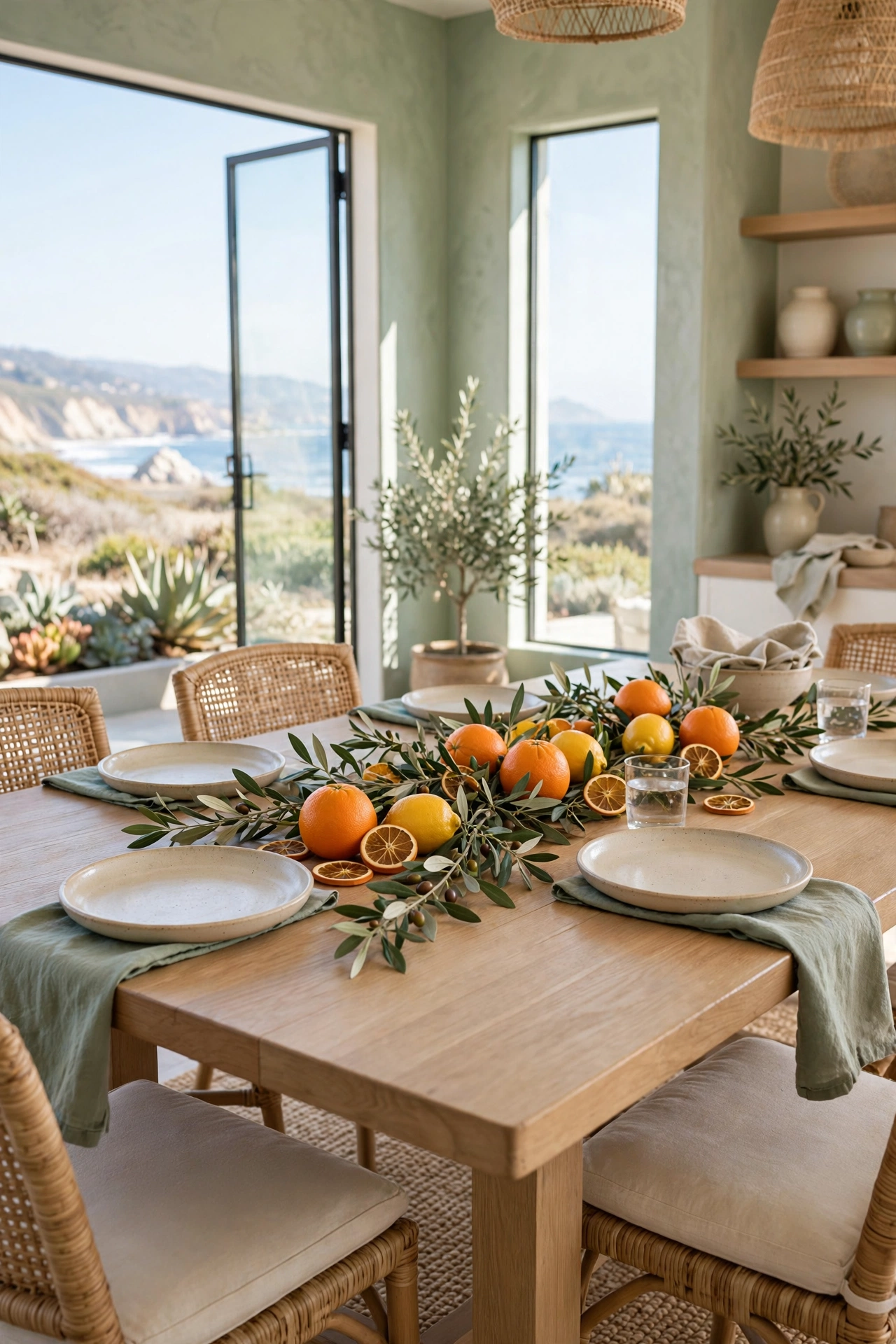 Sunny breakfast nook with a round oak table and a runner of dried citrus slices and olive branches as the Thanksgiving centerpiece.