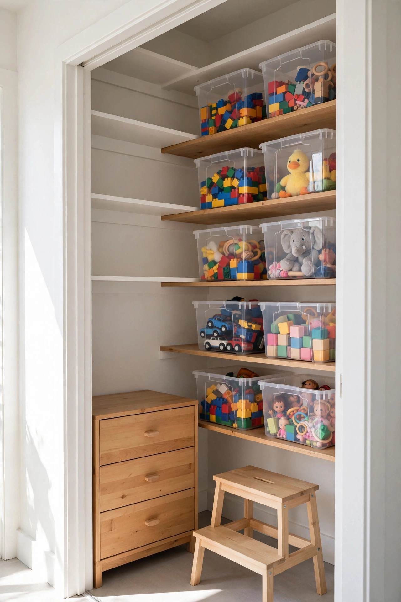 Kids bedroom closet fitted with low shelves of clear toy bins, a small dresser with labeled drawers, and a step stool.