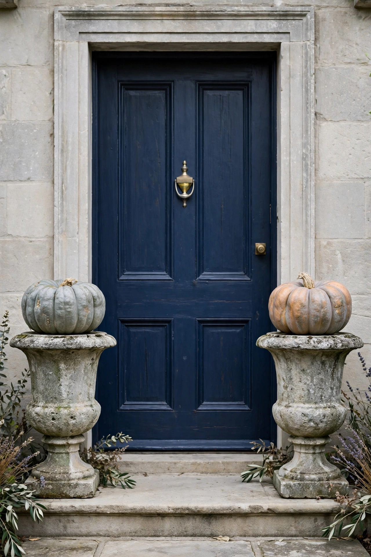Two weathered stone urns flanking a navy front door, each topped with a single heirloom pumpkin.