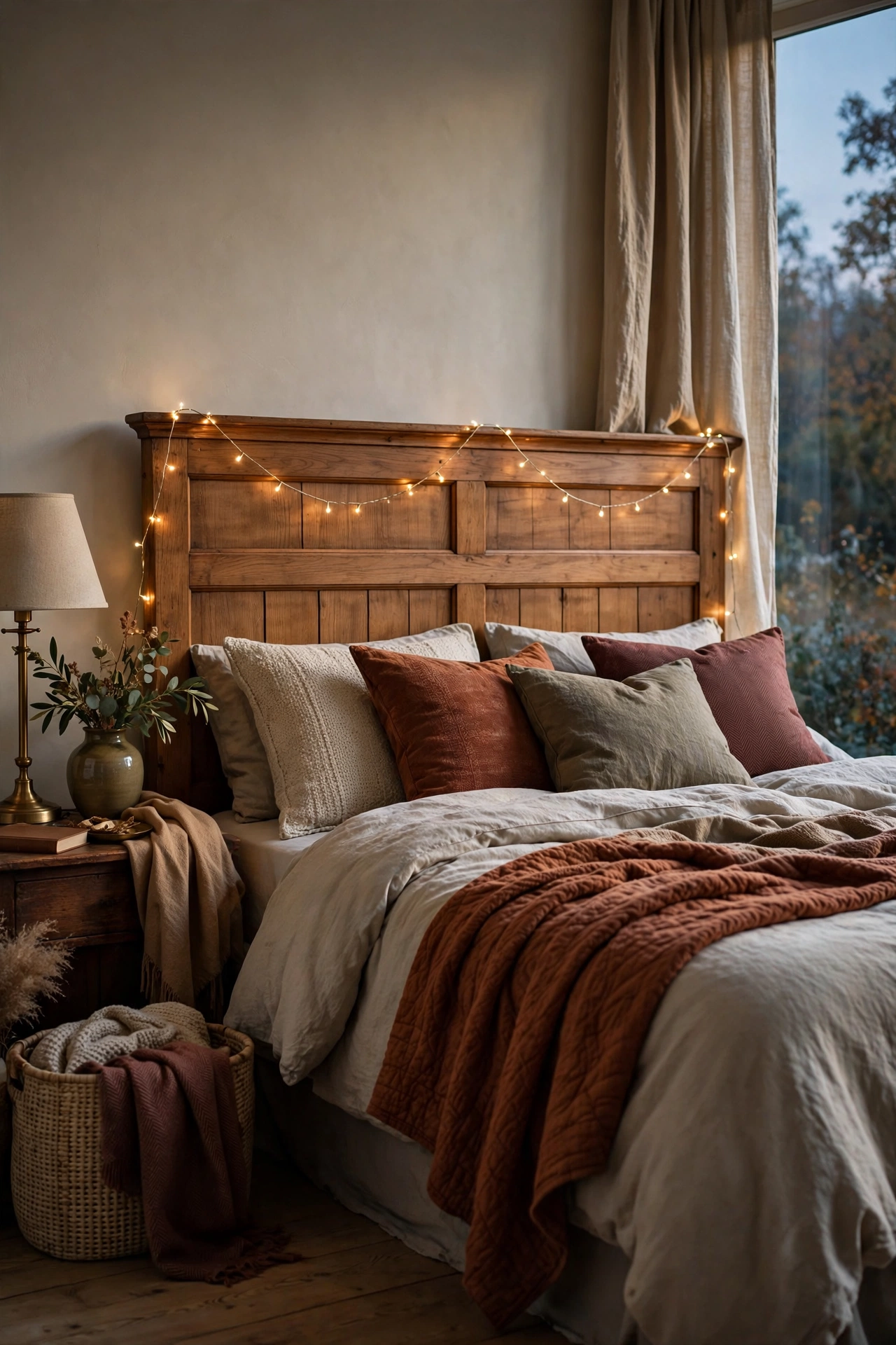Warm white string lights draped along a wooden headboard, softly glowing at dusk.