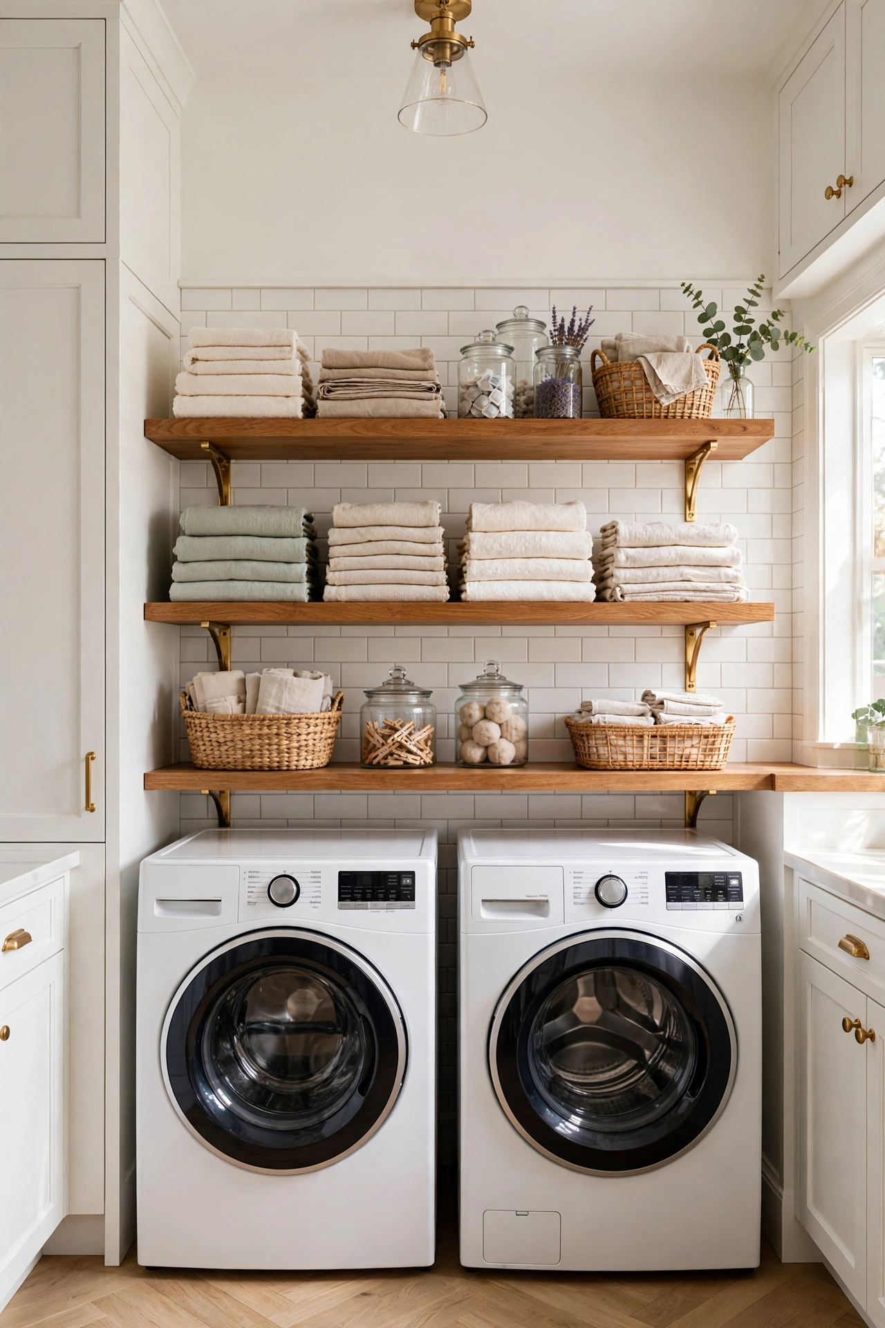 Two floating wooden shelves above a washer holding folded towels, glass jars, and a small plant