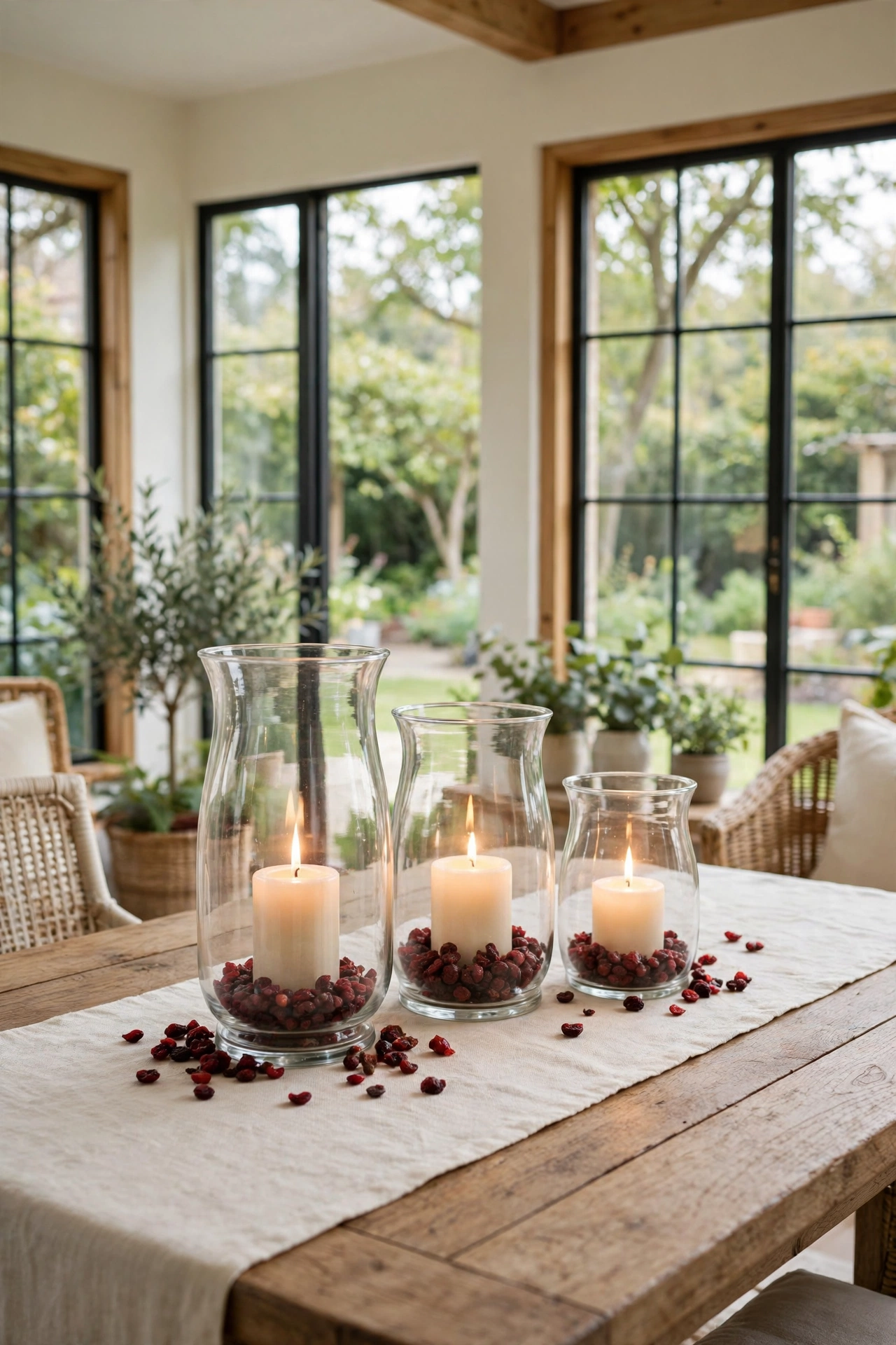 Bright sunroom dining area with glass hurricane lanterns holding pillar candles, garden views beyond.