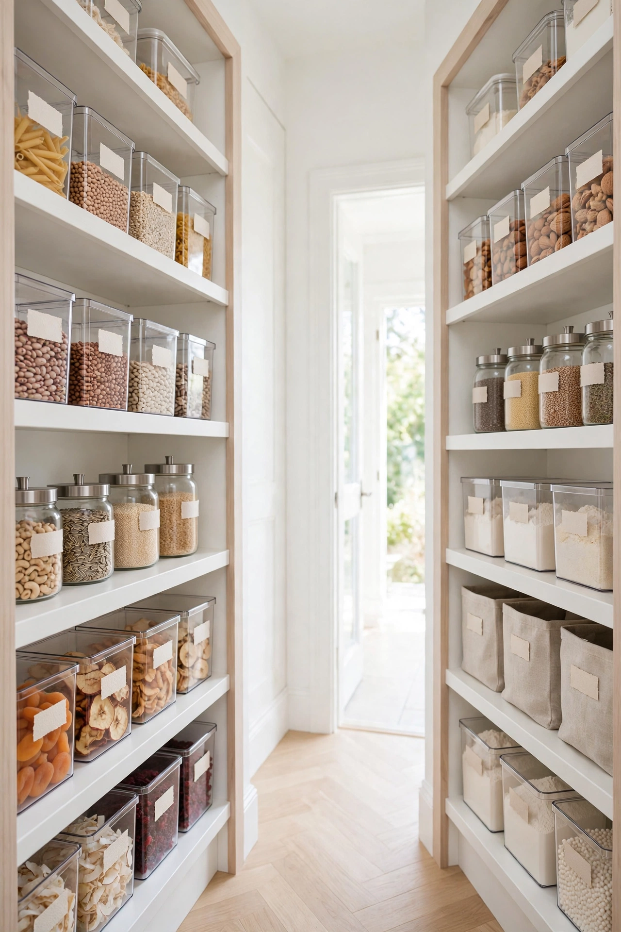 Labeled pantry bins and jars with clean white labels made with a handheld label maker