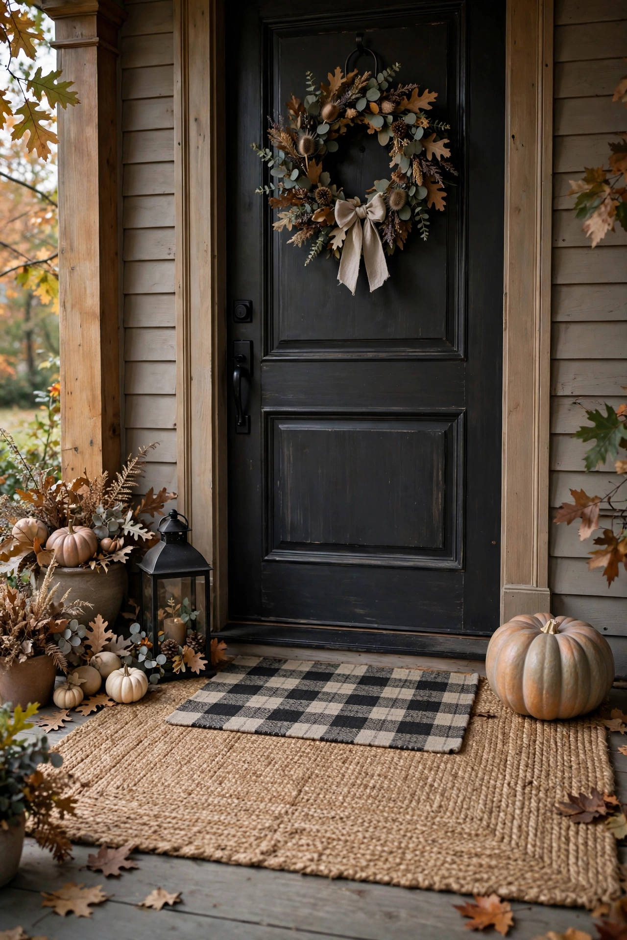 Layered doormats in muted black and oatmeal plaid over a natural jute rug.