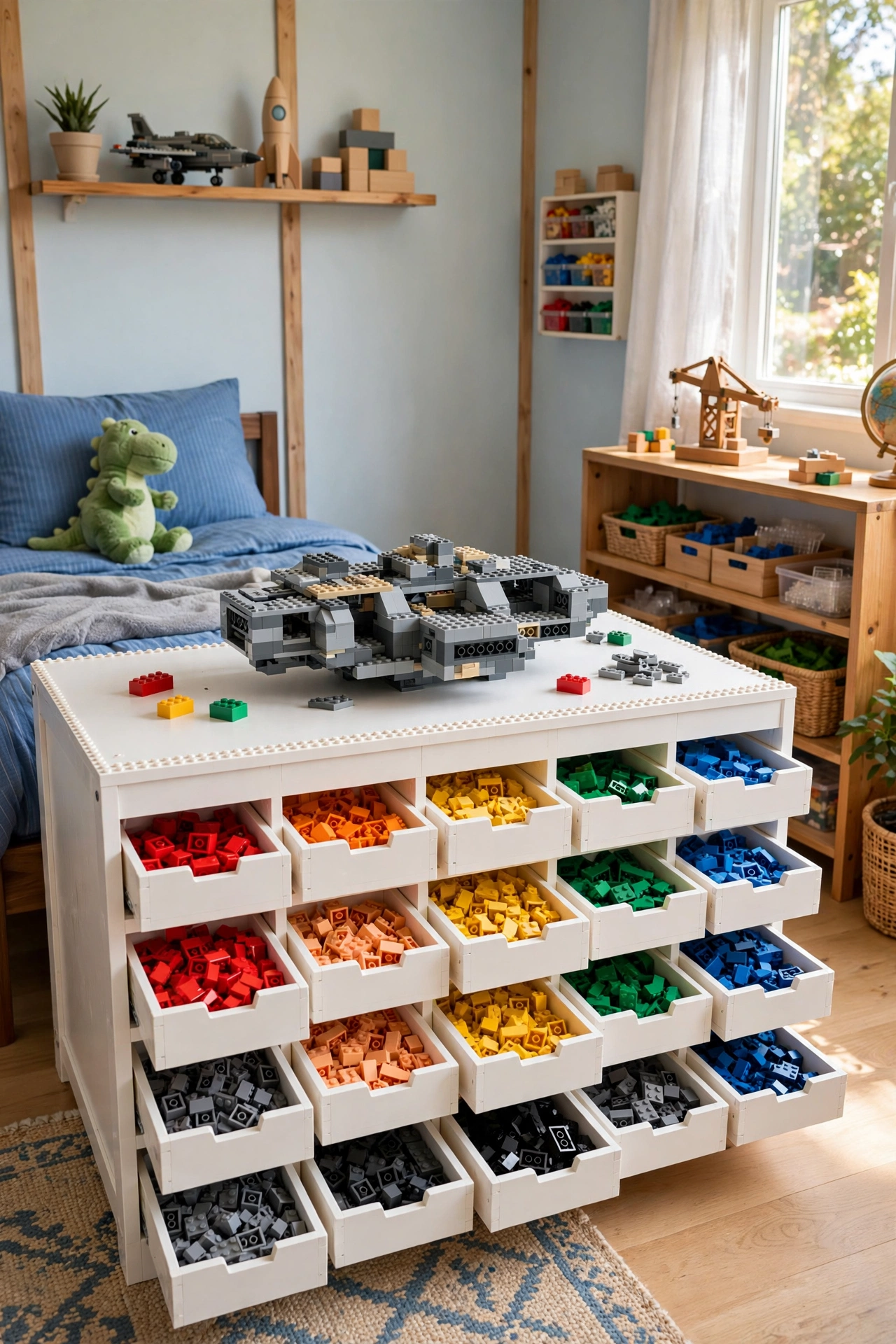 Boys bedroom with a LEGO building table with built-in drawer sorters of bricks sorted by color.