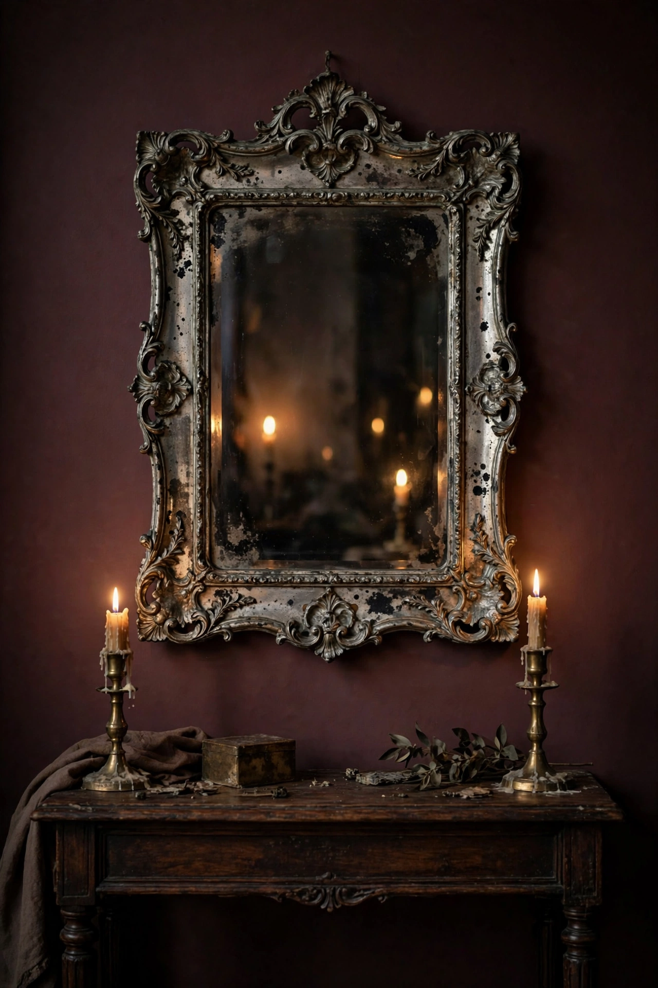 Vintage mirror with aged patina reflecting warm candlelight in a moody entryway.