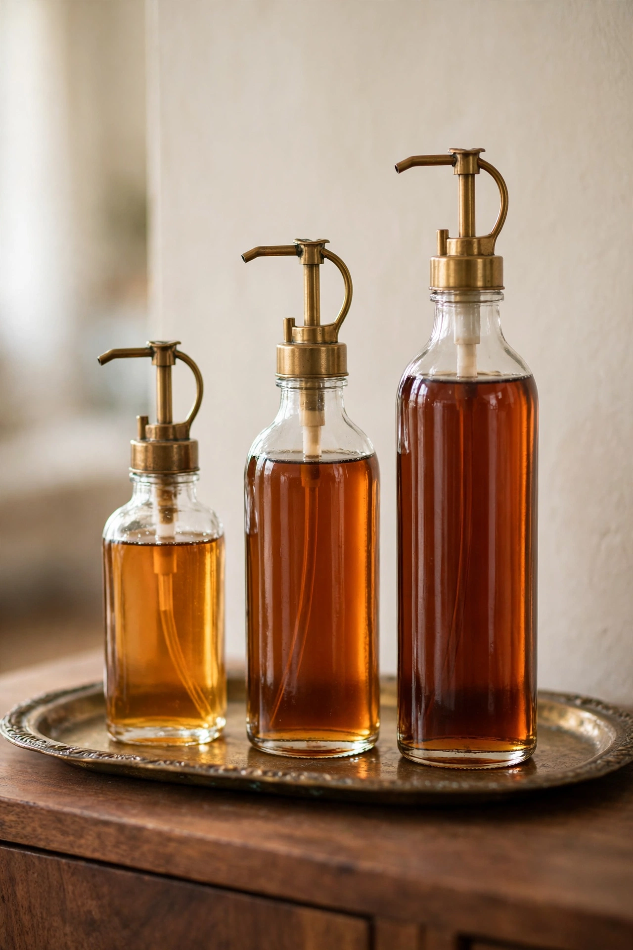 Clear glass syrup bottles lined up smallest to tallest on the back of a brass tray.