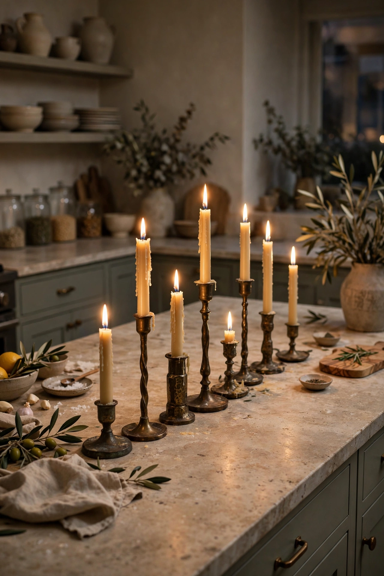 Dark brass taper candle holders of mismatched heights with lit cream tapers down a kitchen island.