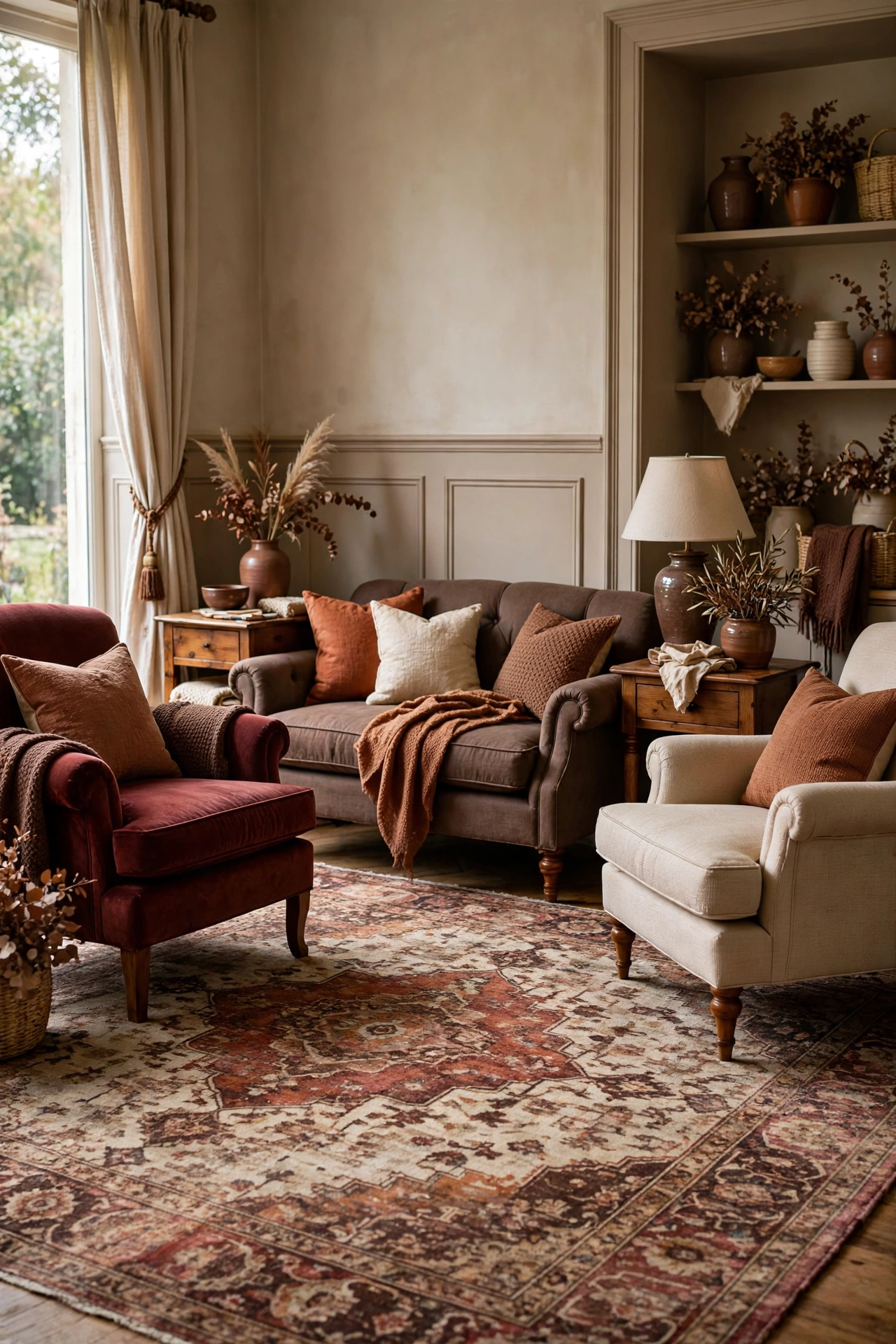 Traditional living room with a vintage style wool rug in wine, rust, cream, and chocolate tones.
