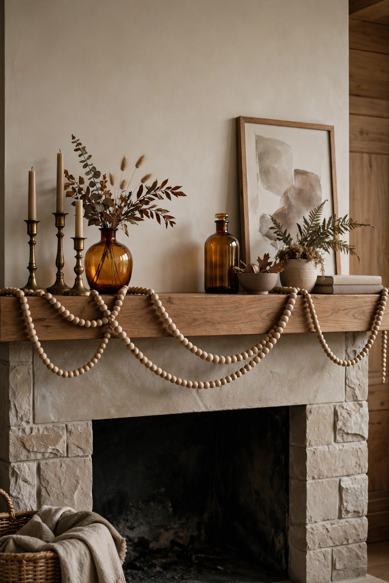 White wooden bead garland with tassels layered over a dried botanical garland on a fall mantel.