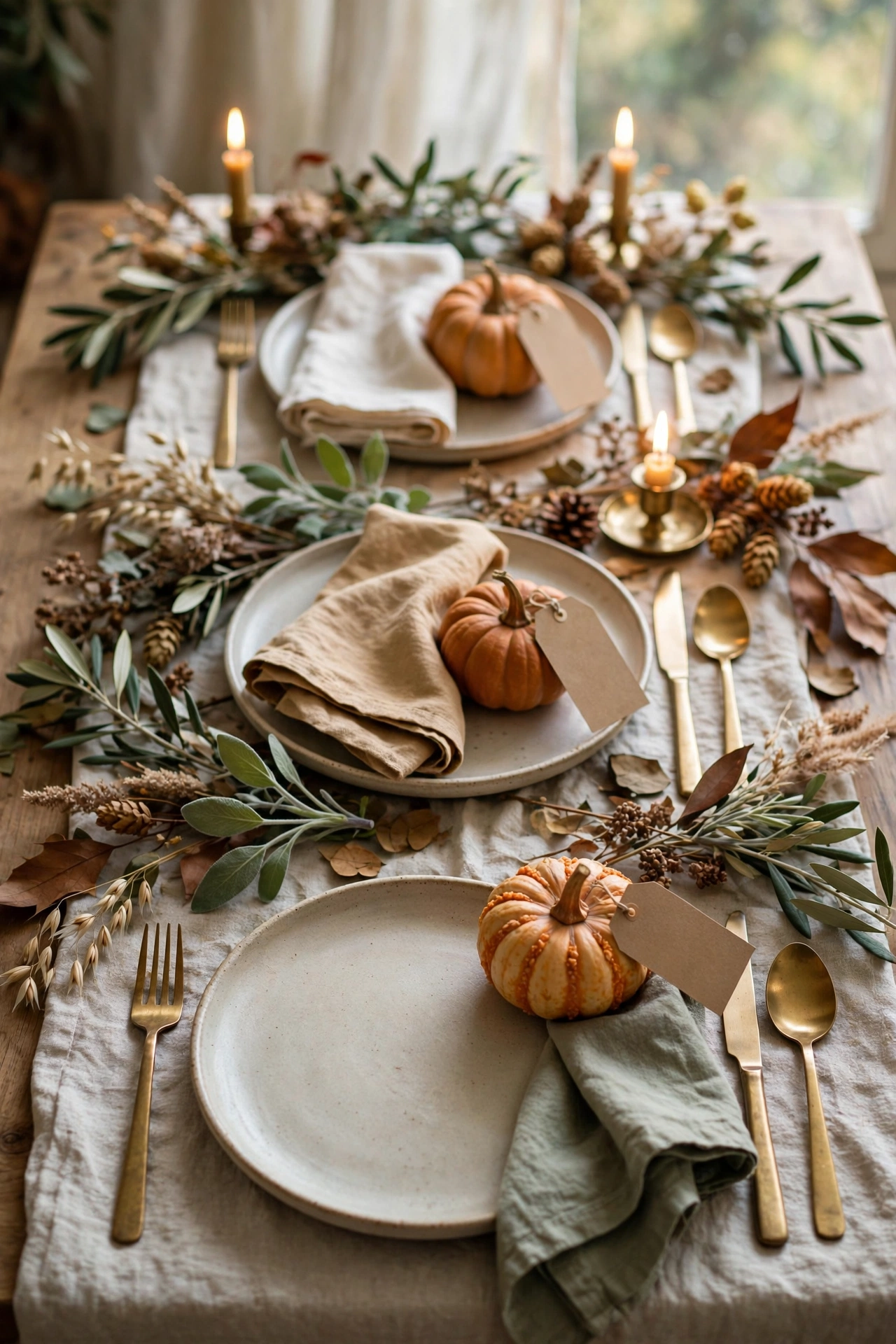 Mini pumpkins used as fall table place cards