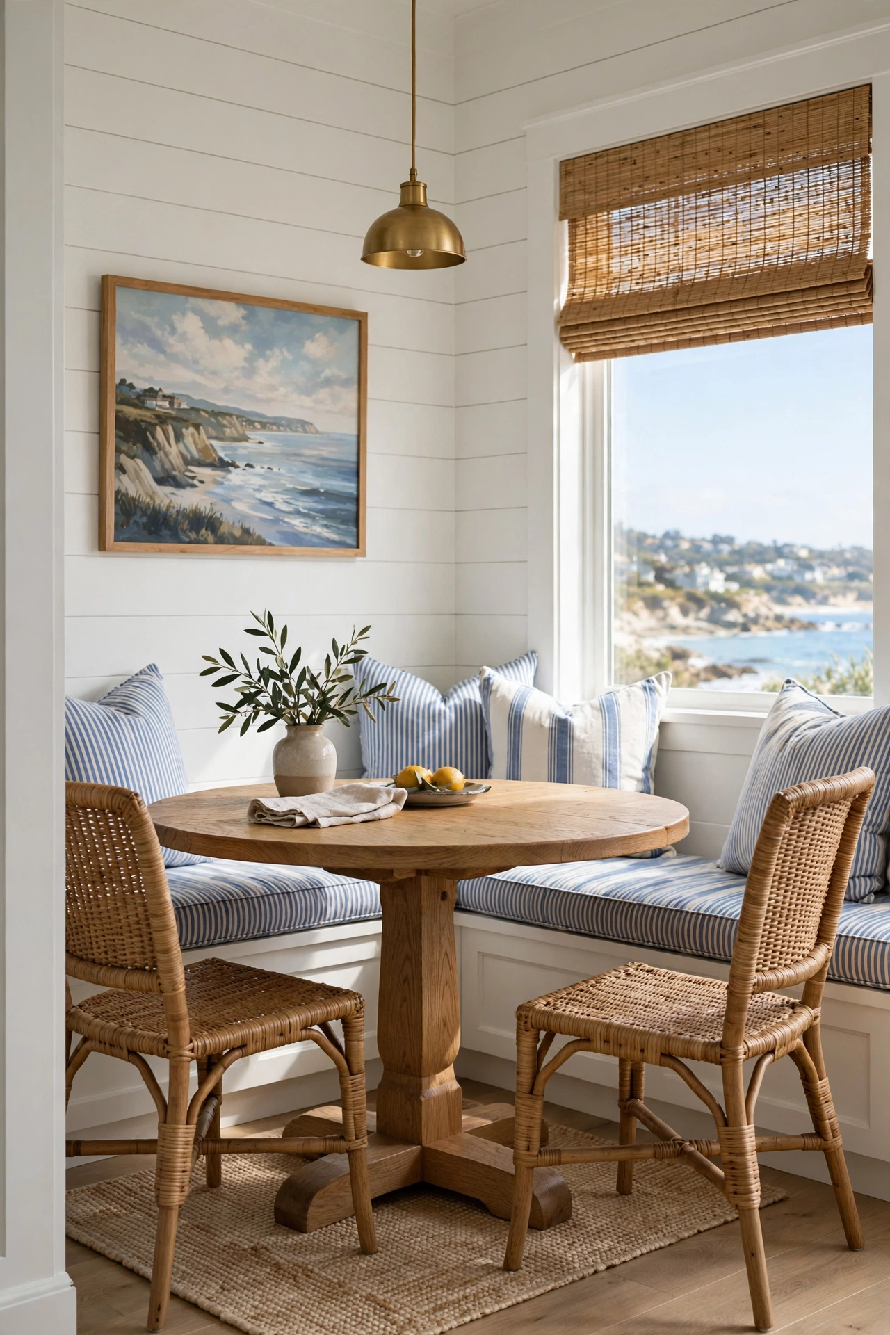 Coastal breakfast nook with curved banquette bench, blue and white pillows and round wood table.
