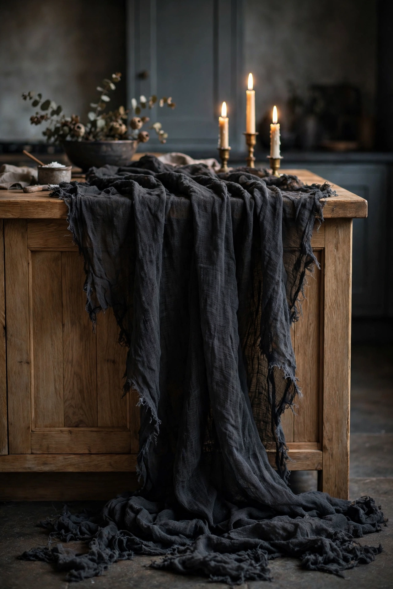 Charcoal black cheesecloth runner draped loosely down a wooden kitchen island.