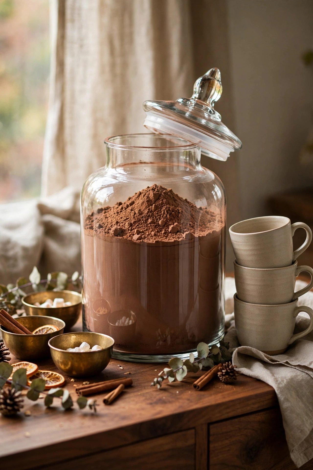 Big glass apothecary jar filled with rich cocoa mix, centerpiece of a hot cocoa station.