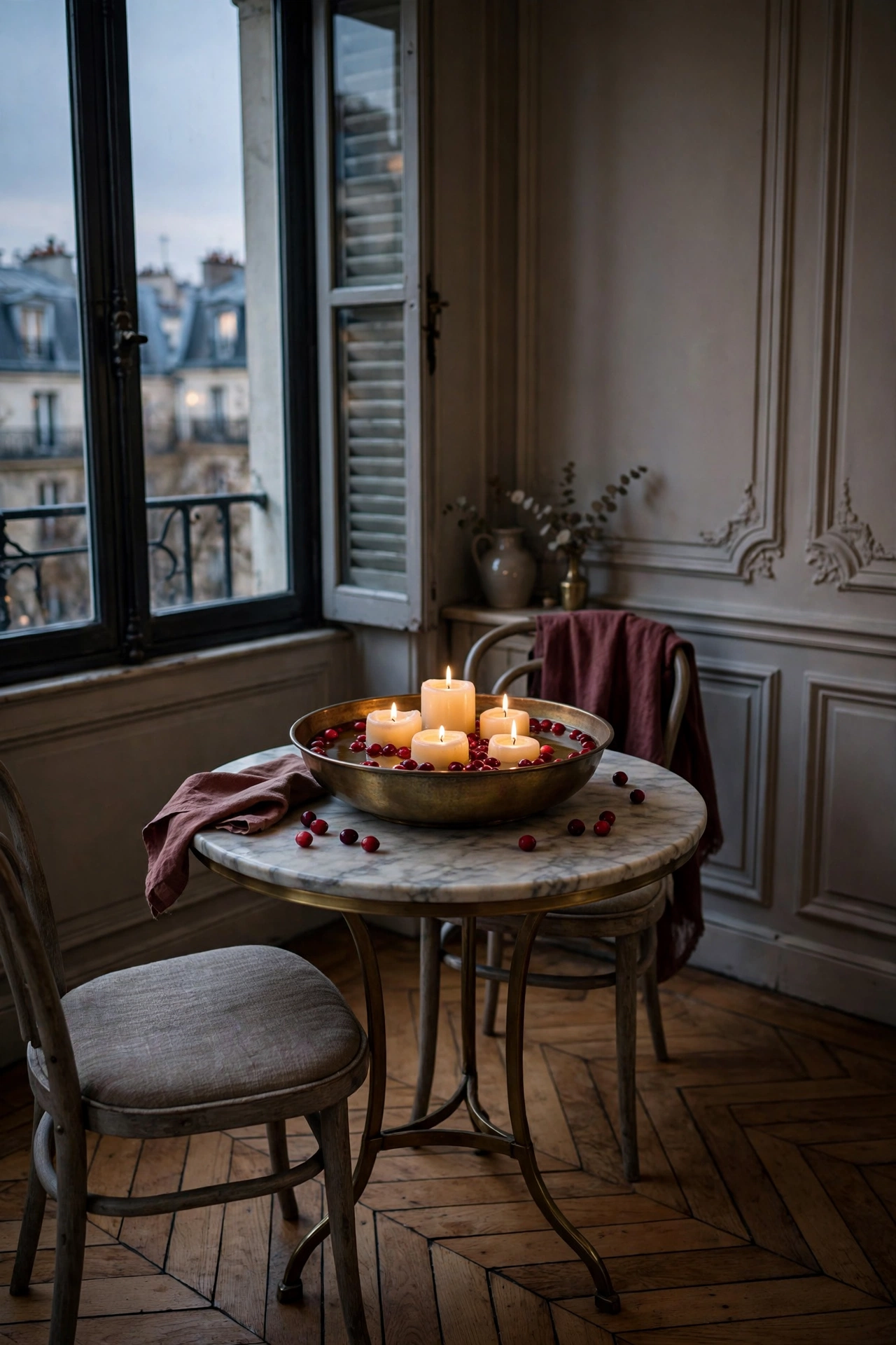 Parisian apartment dining room with a wide footed bowl of floating candles and cranberries as the Thanksgiving centerpiece.