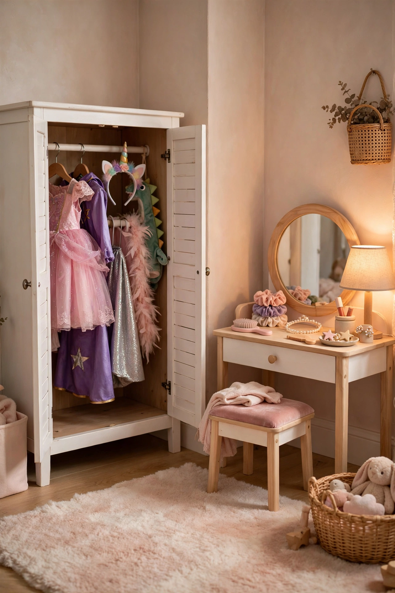 Girls bedroom corner with a small white wardrobe of dress-up costumes and a toy vanity.