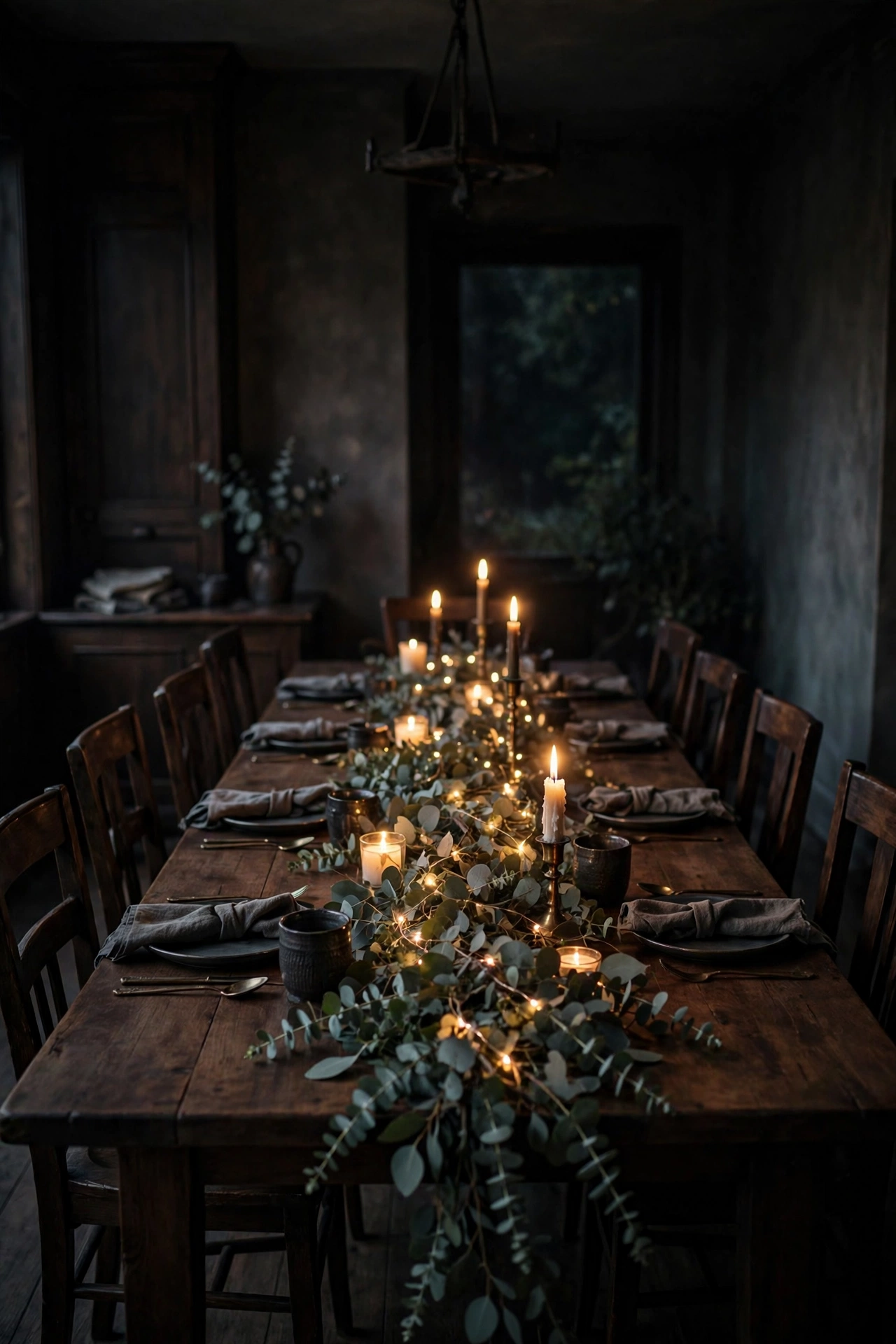 Moody evening dining room with a eucalyptus garland woven with warm fairy lights down the table.