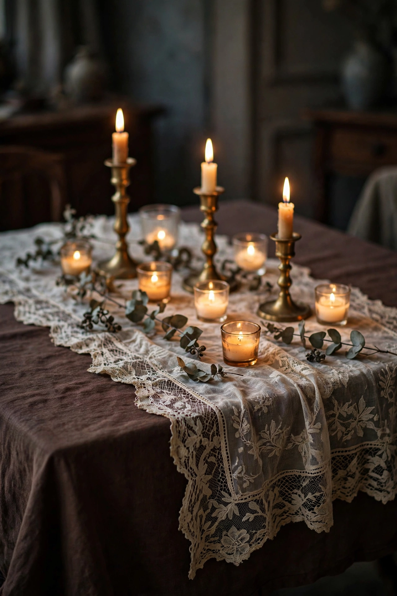 Vintage lace runner layered over dark chocolate linen on a dining table with brass candlesticks.